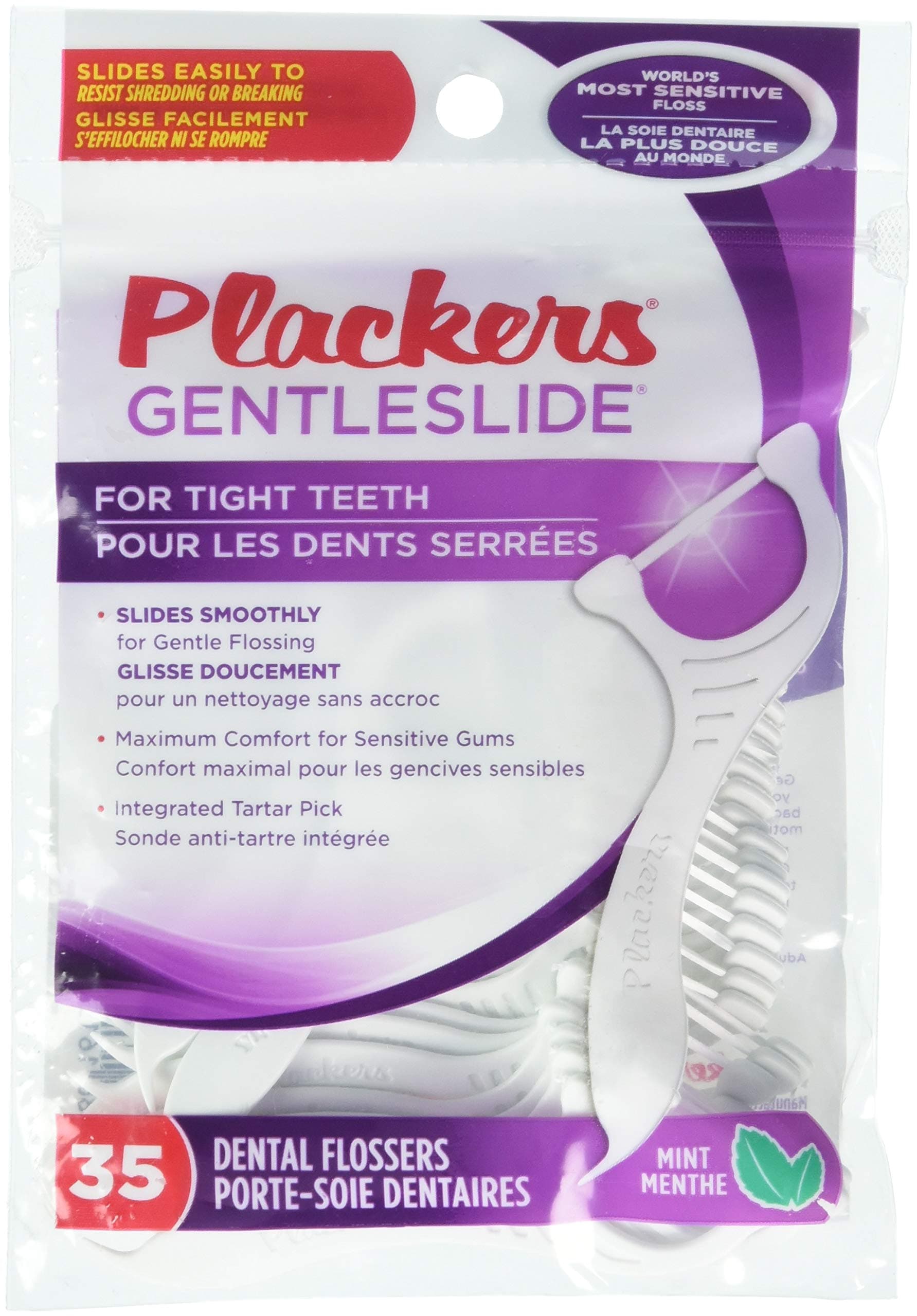 Plackers Gentleslide for Tight Teeth Cool Mint Flavour with Tarter Pick 35 Dental Flossers for Clean Teeth and Healthy Gums (1 Each)