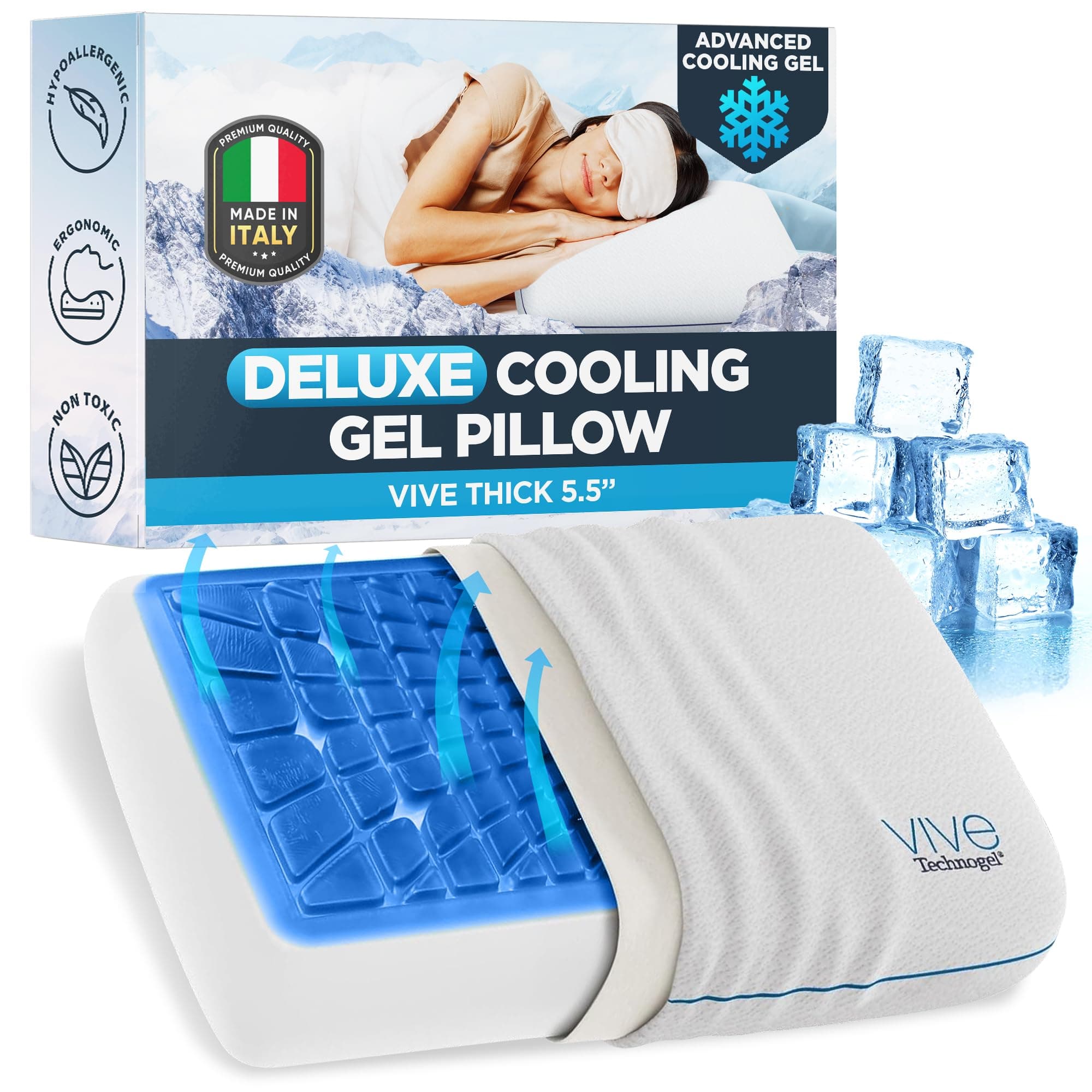 Vive Deluxe Cooling Gel Pillow – Ergonomic Memory Foam Neck Support with Technogel Layer, 5.5" Thick Cooling Pillow for Side & Back Sleepers, Washable Cover, Hypoallergenic - Made in Italy