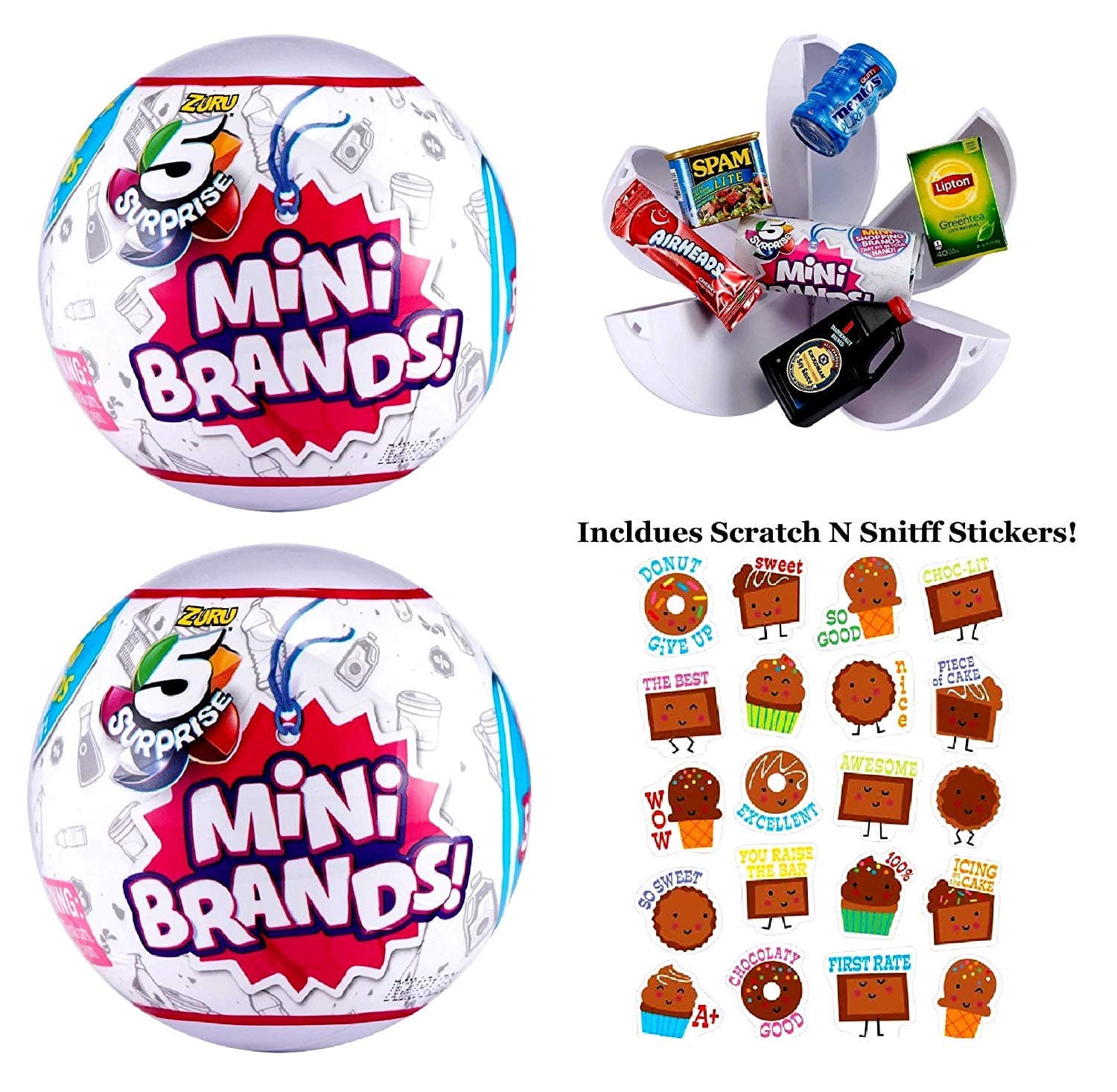 5 Surprise (2 Pack) Mini Brands Collectible ball Includes Puffy Dinosaur Sticker Pack