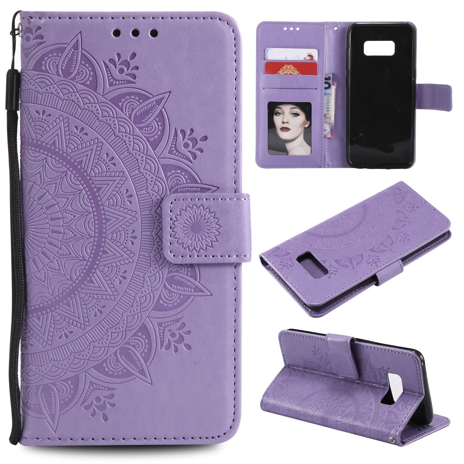 EYZUTAK Mandala Phone Cover for Samsung Galaxy S8, Ultra Slim Flip Case with Card Slot, Magnetic Closure, Embossing PU Leather Case with Stand Function and Lanyard, Foldable Motif-Purple