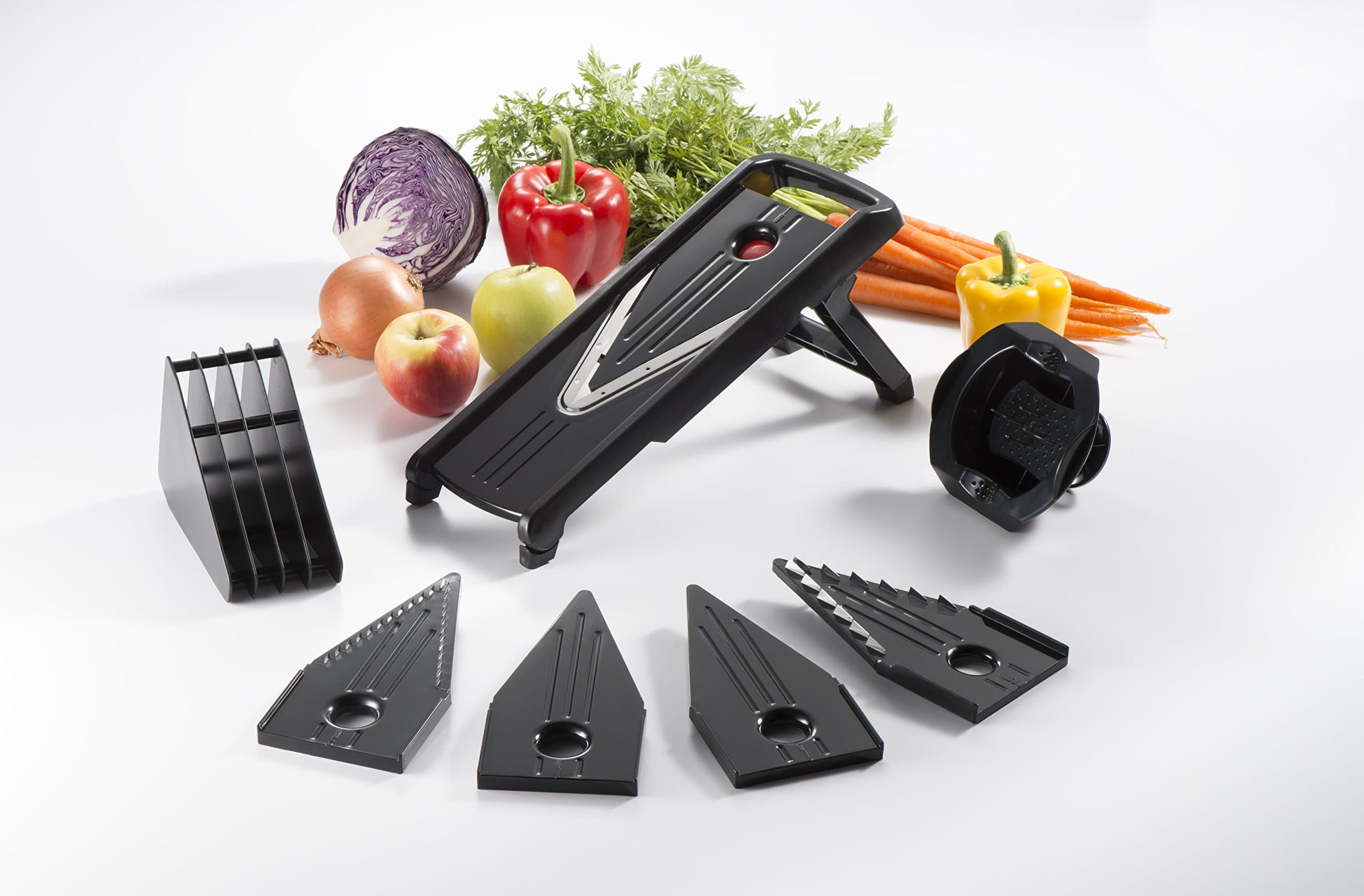 Adjustable Mandoline Vegetable Slicer - Sturdy Design - Julienne Blade - Added Protection - Professional Quality - Time Saver - Stainless Steel - V-Blade - Food Slicer (Black)