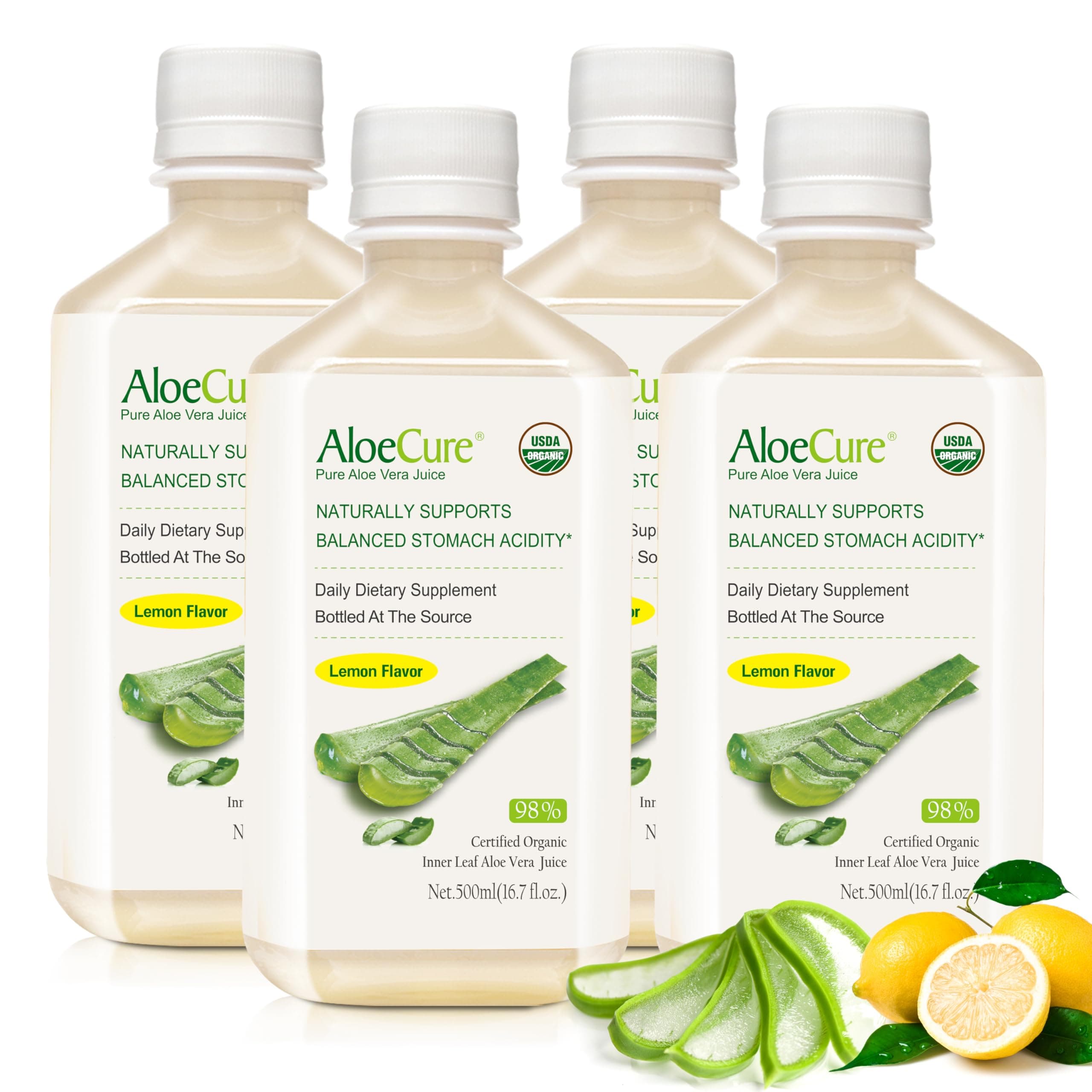 USDA Organic Aloe Vera Juice Lemon Flavor - Made Within 12 Hours of Harvest - Natural Digestive Supplement for Balanced Stomach Acidity - Support Digestive and Immune Health, 4 Btls x 16.7oz