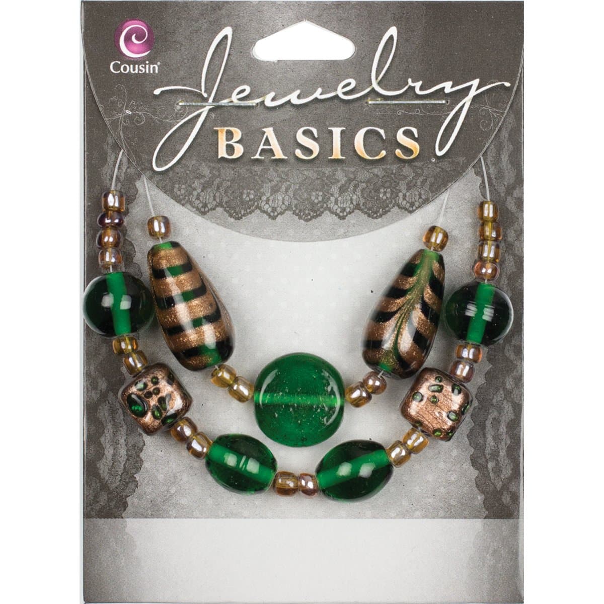 Cousin Jewelry Basics Glass Bead Mix, Green and Gold Swirl, 9-Pack