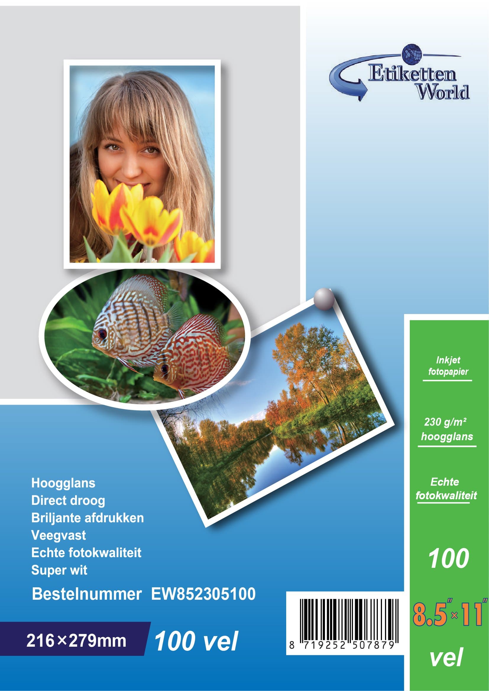 100 Sheets 8,5"x11" 230g/sqm EW852305100 Photo paper: very glossy and waterproof photo paper, compatible with all current Ink Jet and Photo Printers from EtikettenWorld BV