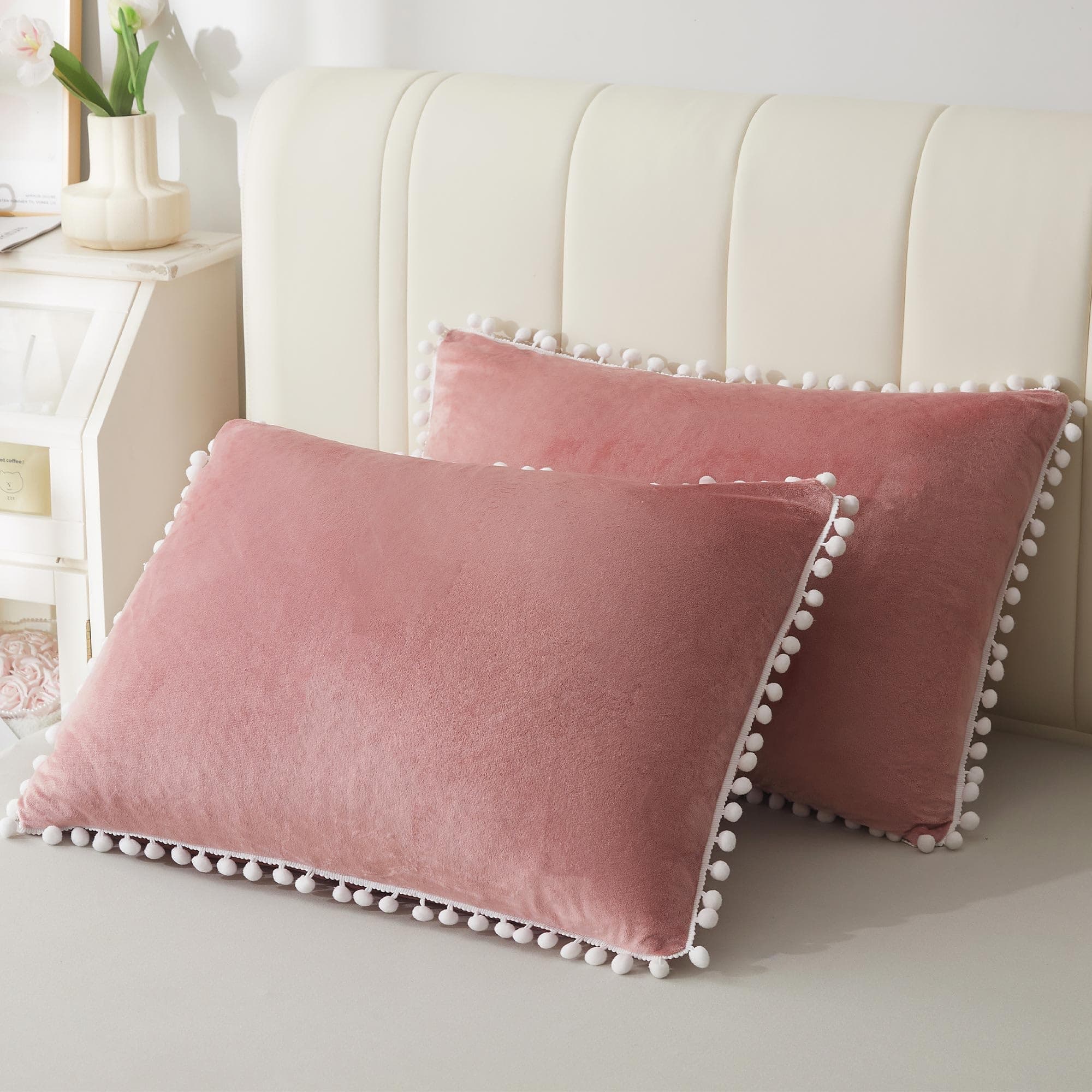 LIFEREVO 2 Pack Pom-poms Cozy Velvet Bed Pillowcases, Fuzzy Microfiber Pillow Shams with Tassels, Cute Zippered Pillow Cases Protectors for Bedroom Living Room Couch Sofa Farmhouse(Old Pink, King)