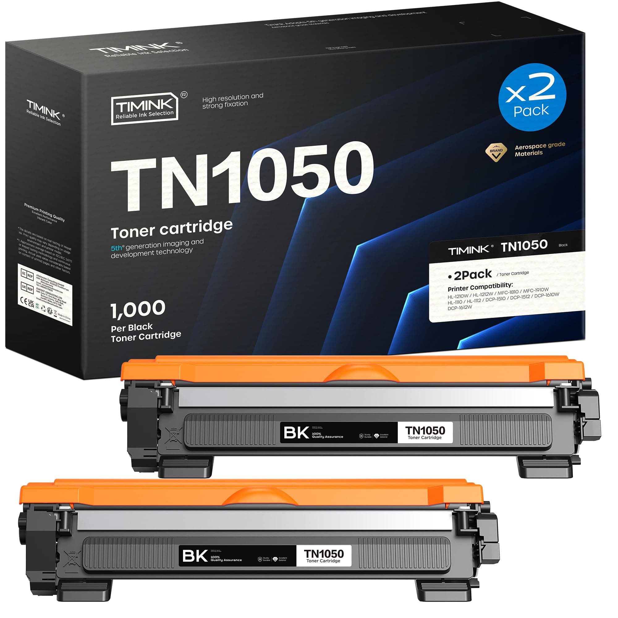 – TN1050 TN-1050 Toner Compatible for Brother TN 1050 Toner for Brother HL-1110 DCP-1610W HL-1210W DCP-1612W HL-1212W HL-1112 DCP-1510 DCP-1512 MFC-1810 MFC-1910W Printer (2 Black)