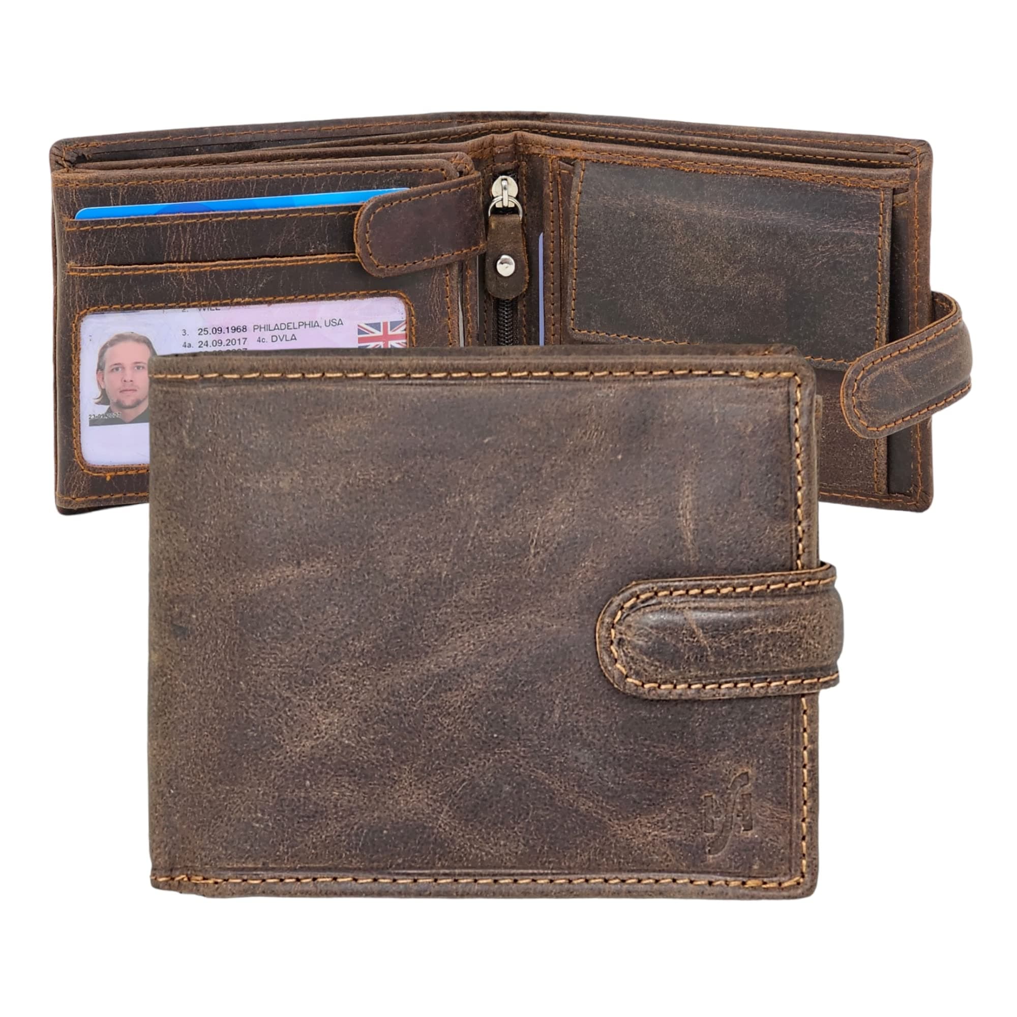 Men’s RFID Blocking Genuine Leather Wallet – Twin ID Card Holder, Coin Pouch, 7 Card Slots, 2 Note Compartments & Gift Box – Slim Bifold Wallet for Men 1213 (Hunter Brown)
