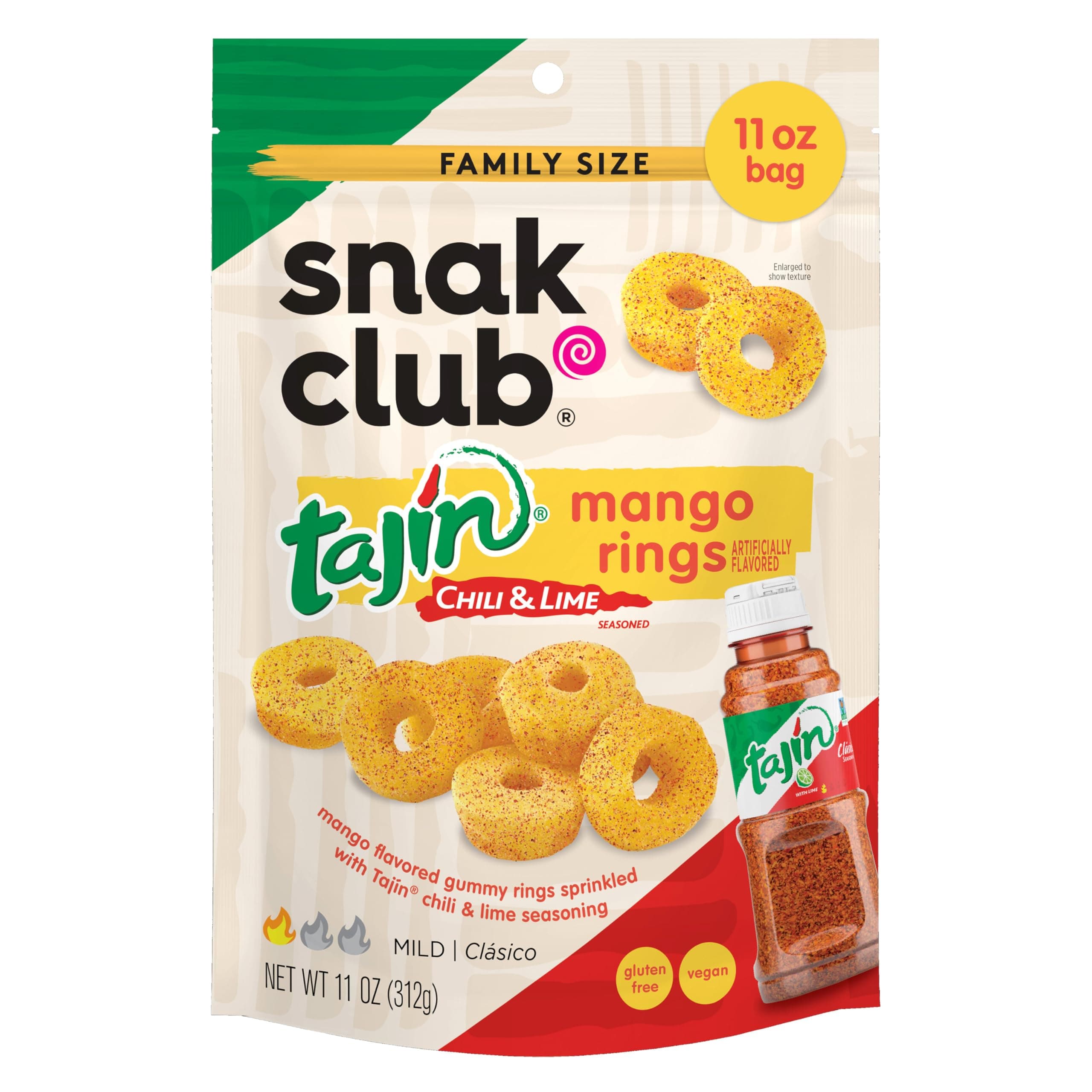 Tajin Mango Rings Gummy Candy, Fruit Candy Gummies with Chili and Lime Seasoning, Mild, Gluten-Free and Vegan Snacks, 11 oz Resealable Bag