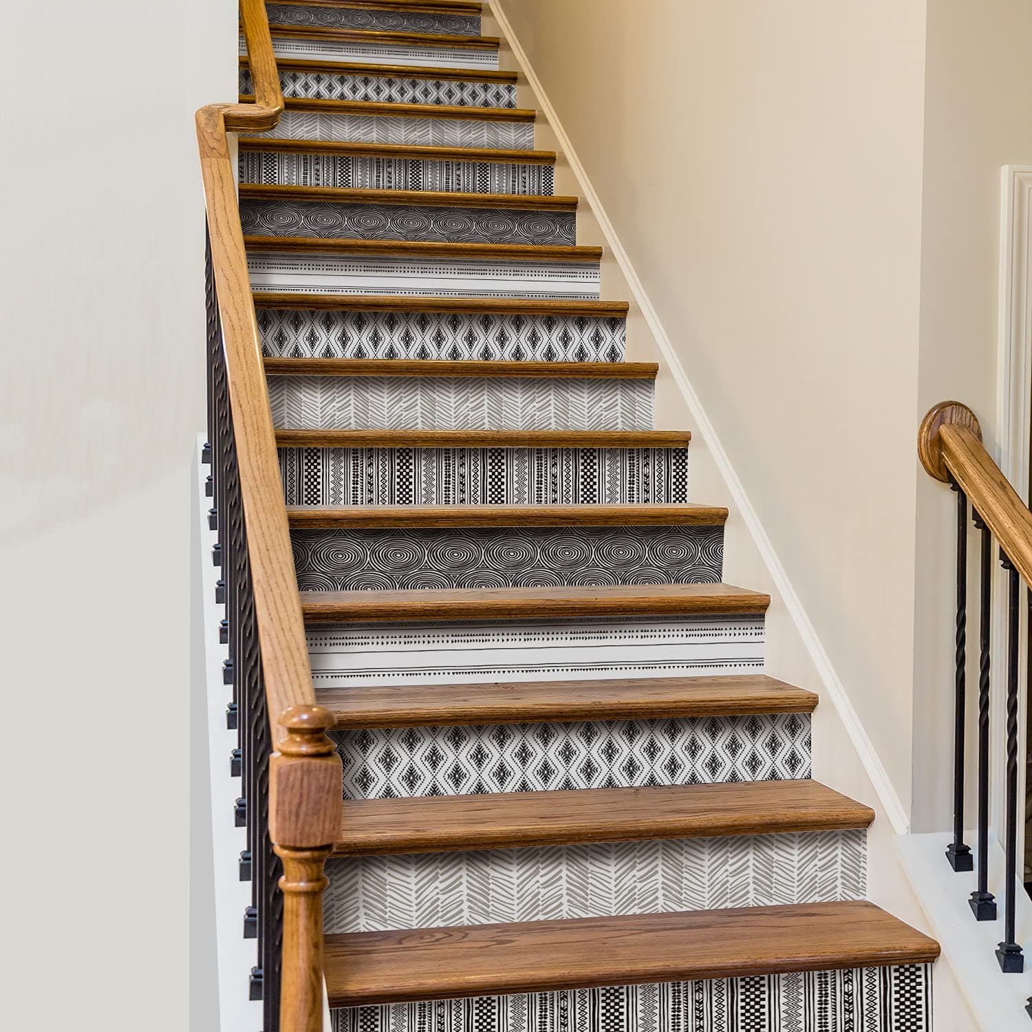 funlife 15 Strips Peel and Stick Stair Risers Stickers, Self Adhesive Boho Stair Riser Decals, Staircase Decals Decor for Steps, 39.37"X7.09", Bohemian