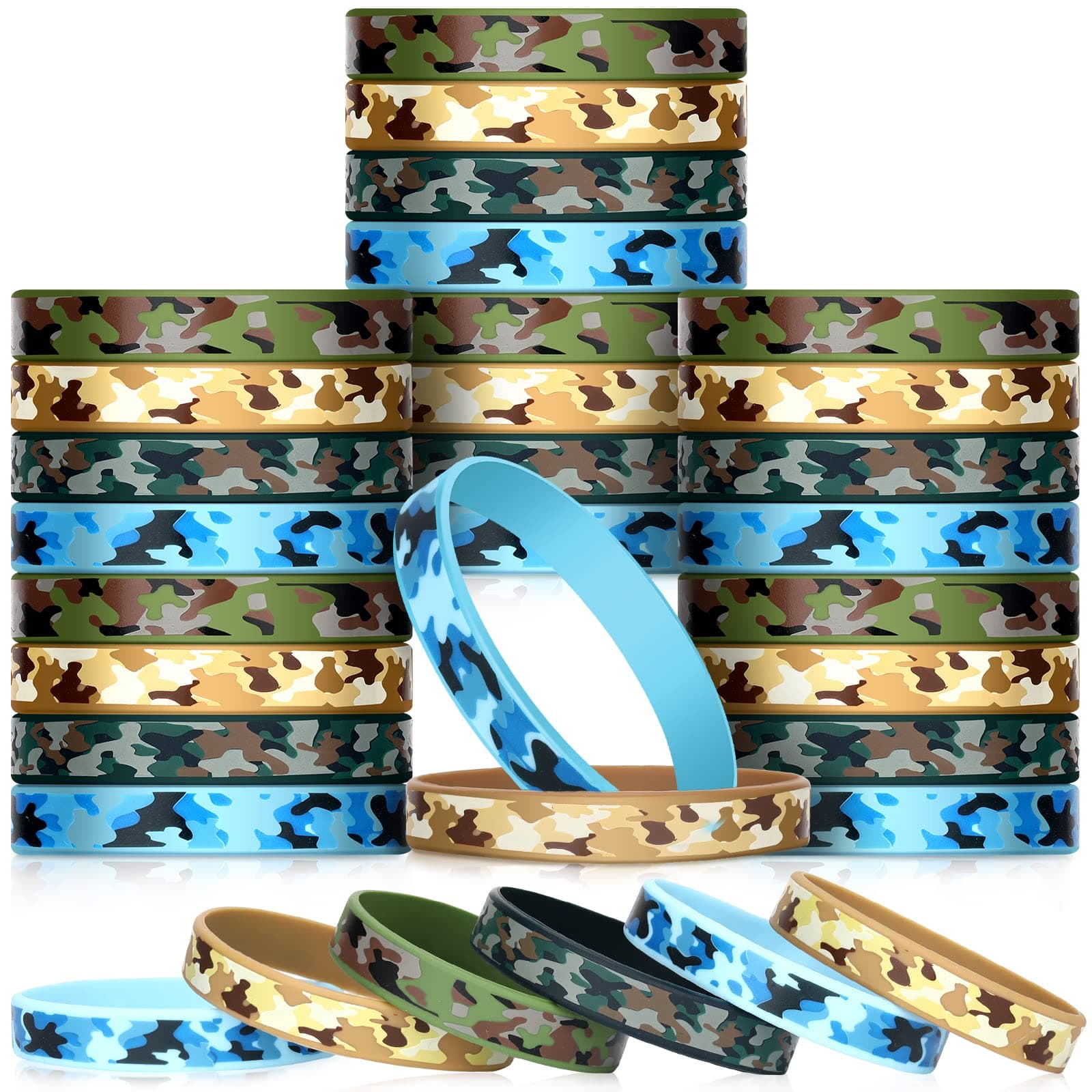 HyDren 24 Packs Camouflage Rubber Bracelets Camouflage Military Assorted Wristbands Green