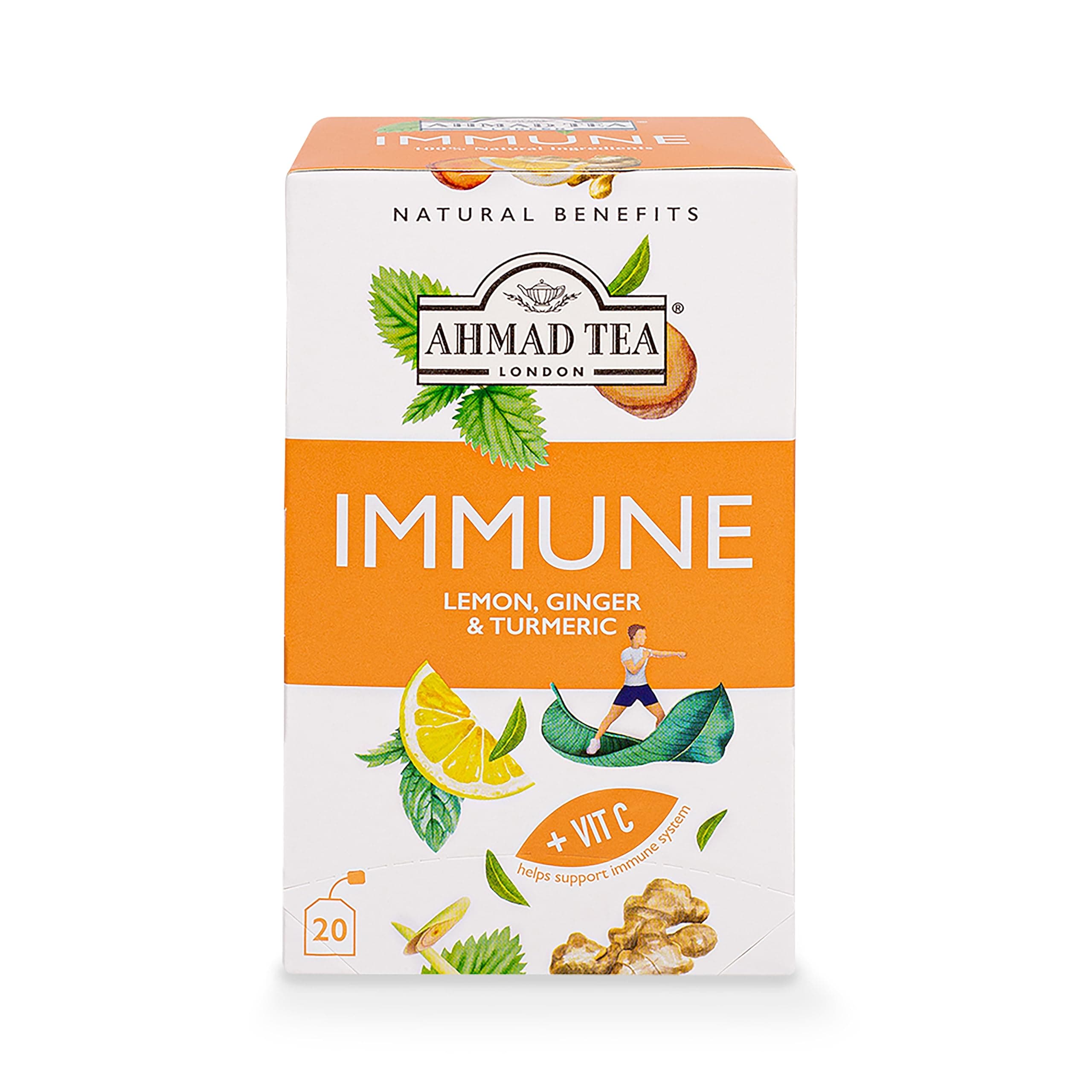 Ahmad Tea Herbal Tea, Lemon, Ginger, Turmeric, & Vitamin C 'Immune' Natural Benefits Teabags, 20 ct (Pack of 1) - Decaffeinated & Sugar-Free