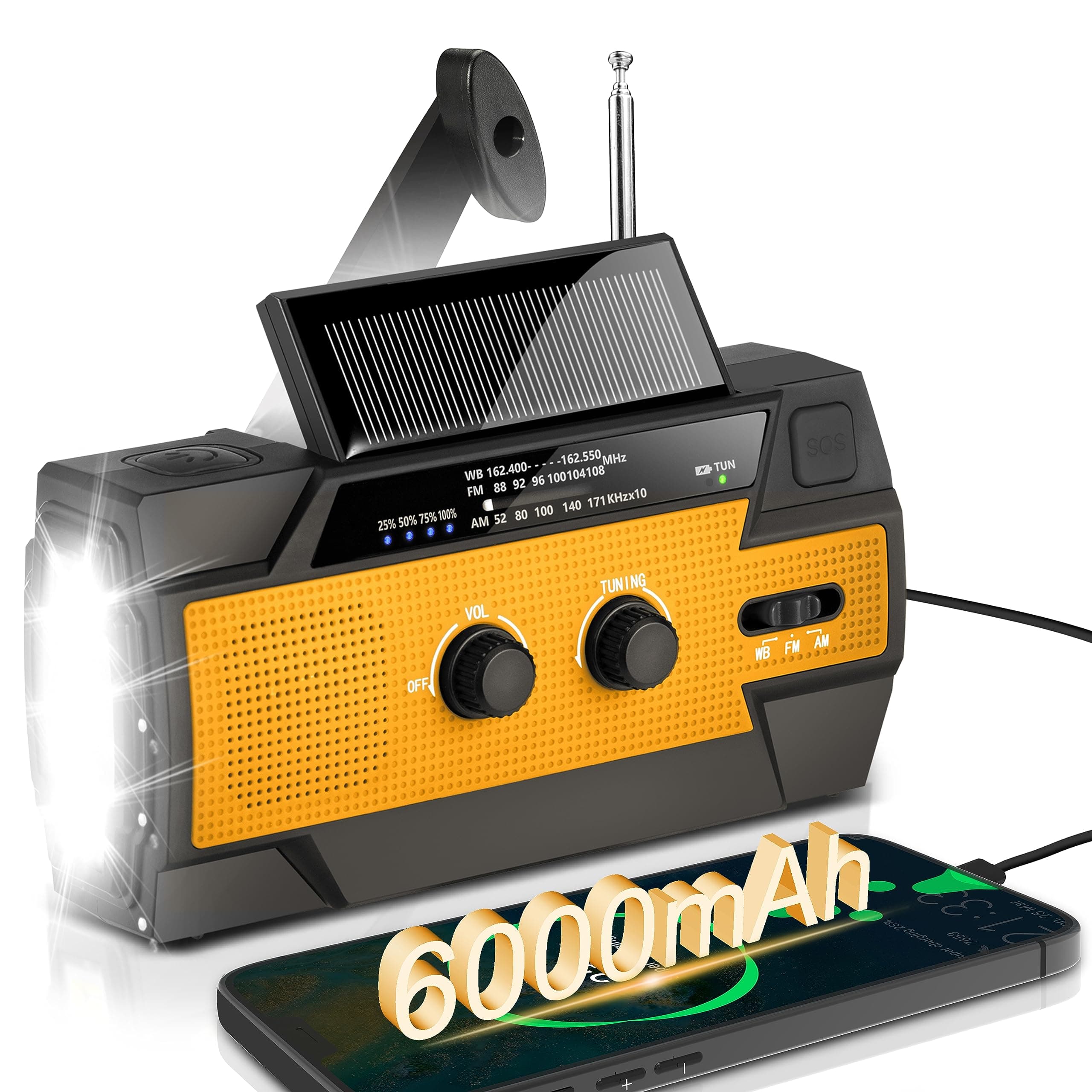 6000mAh Emergency Weather Radio, Solar Hand Crank Portable NOAA Weather Radio with 1W Flashlight & Motion Sensor Reading Lamp, Cell Phone Charger, and SOS Alarm, for Home and Emergency