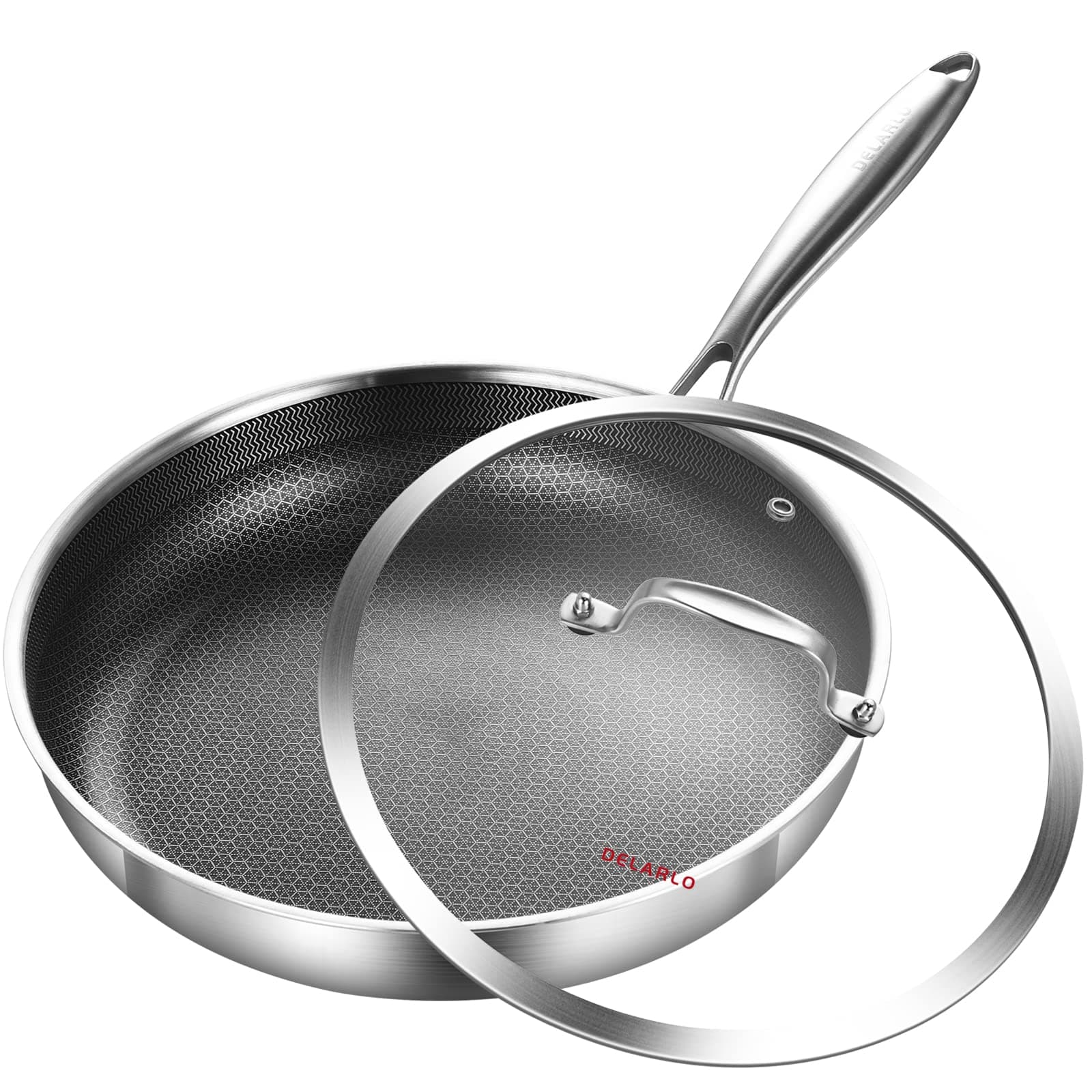 DELARLO Tri-Ply Stainless Steel Pan, 18/10 Frying Pan, Oven Safe Up to 600°F, Nontoxic Cookware, Compatible with All Cooktops Skillet, Durable, Fast Even Heat Fry Pan,12" Hybird Pan
