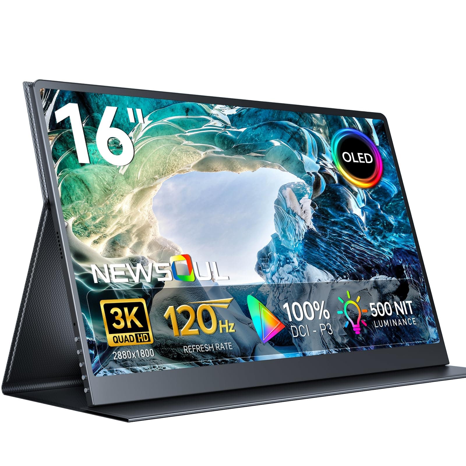 Newsoul OLED Portable Monitor 16" 3K 2880x1800 | 120Hz | 1ms Portable Gaming Monitor 500 Knit | 100000:1 Contrast | 100% DCI-P3 | 8 Bits + FRC| Ultra Thin Design for Laptop Mini PC Cell Phone