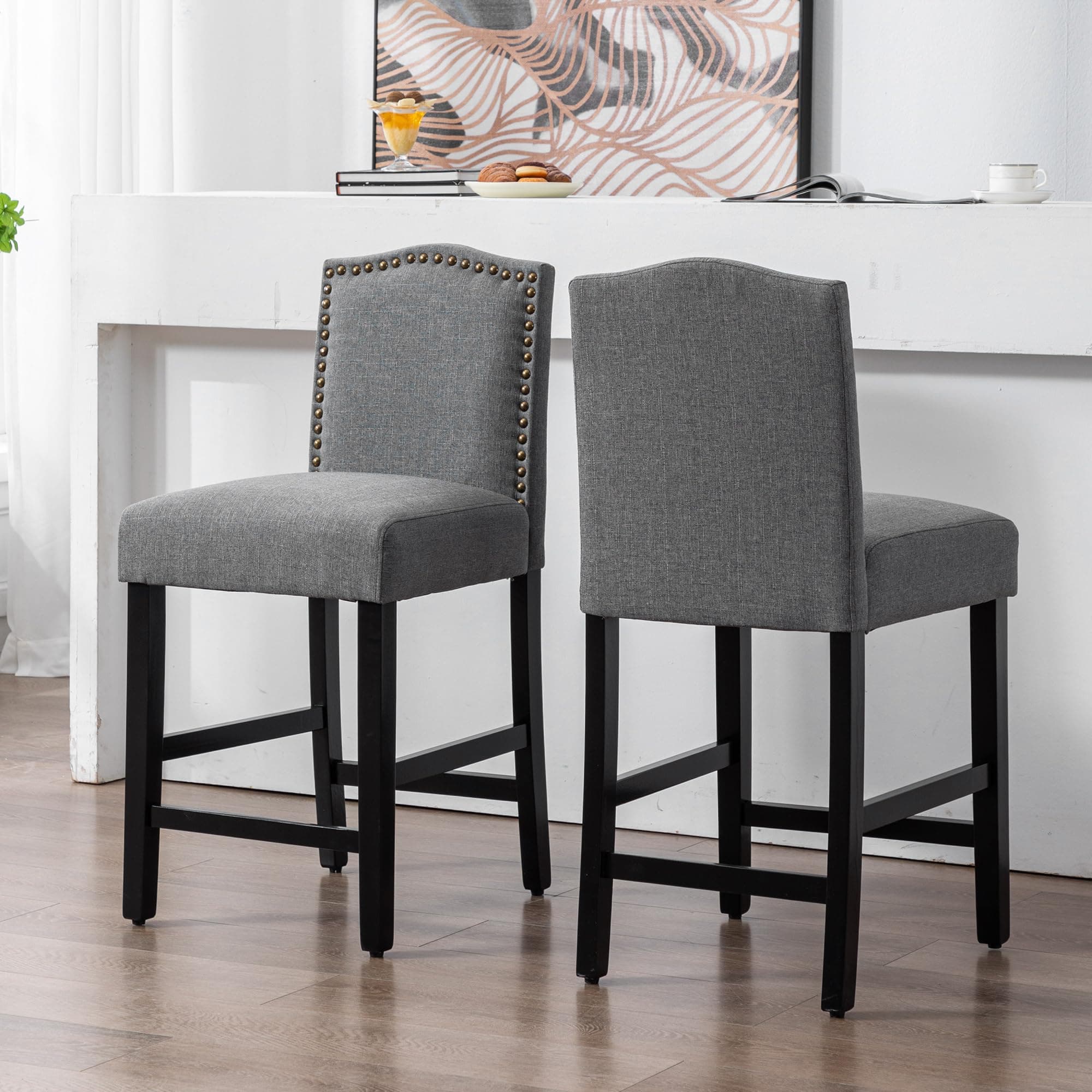 LSSPAID Bar Stools Set of 2, 24 inch Counter Height Bar Stool Kitchen Island Wood Bar Chairs, Fabric Upholstered Barstools with Bronze Nail Backrest, Grey