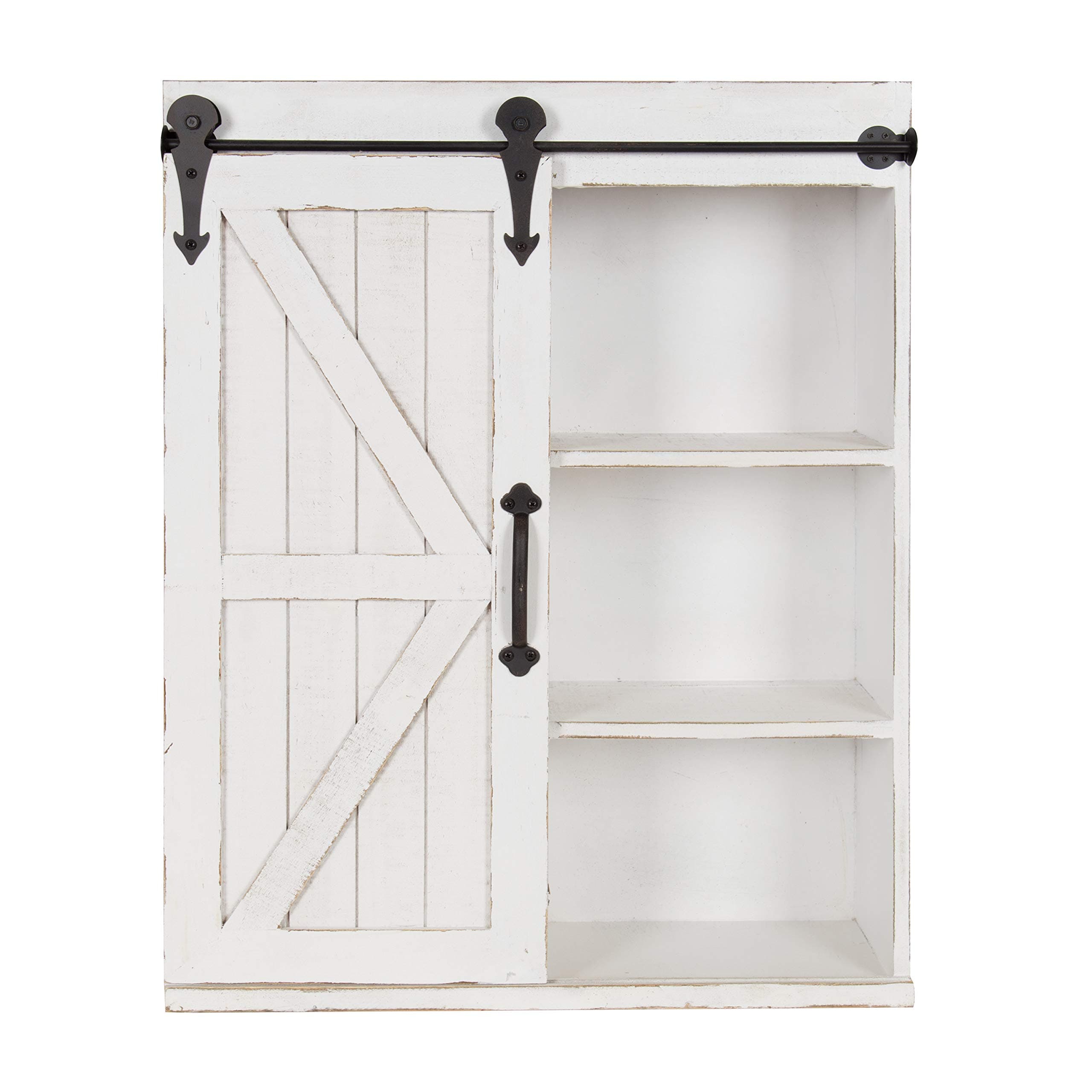 Cates Modern Farmhouse Wood Wall Storage Shelving Cabinet with Sliding Barn Door, Rustic White