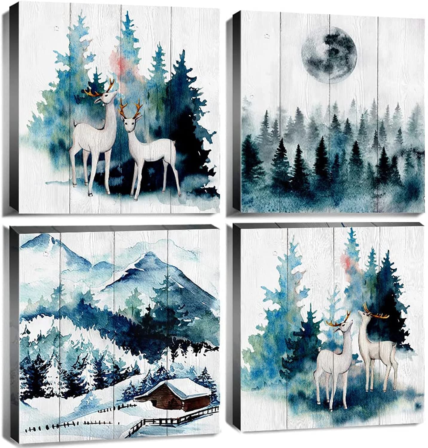Abstract Christmas Forest Wall Art Snowy Mountain Wall Decor Rustic Deer Barn Painting for Bedroom Winter Moon Foggy Pine Trees Elk Picture Farmhouse Artwork Bathroom Home Decoration 12x12" 4Pcs