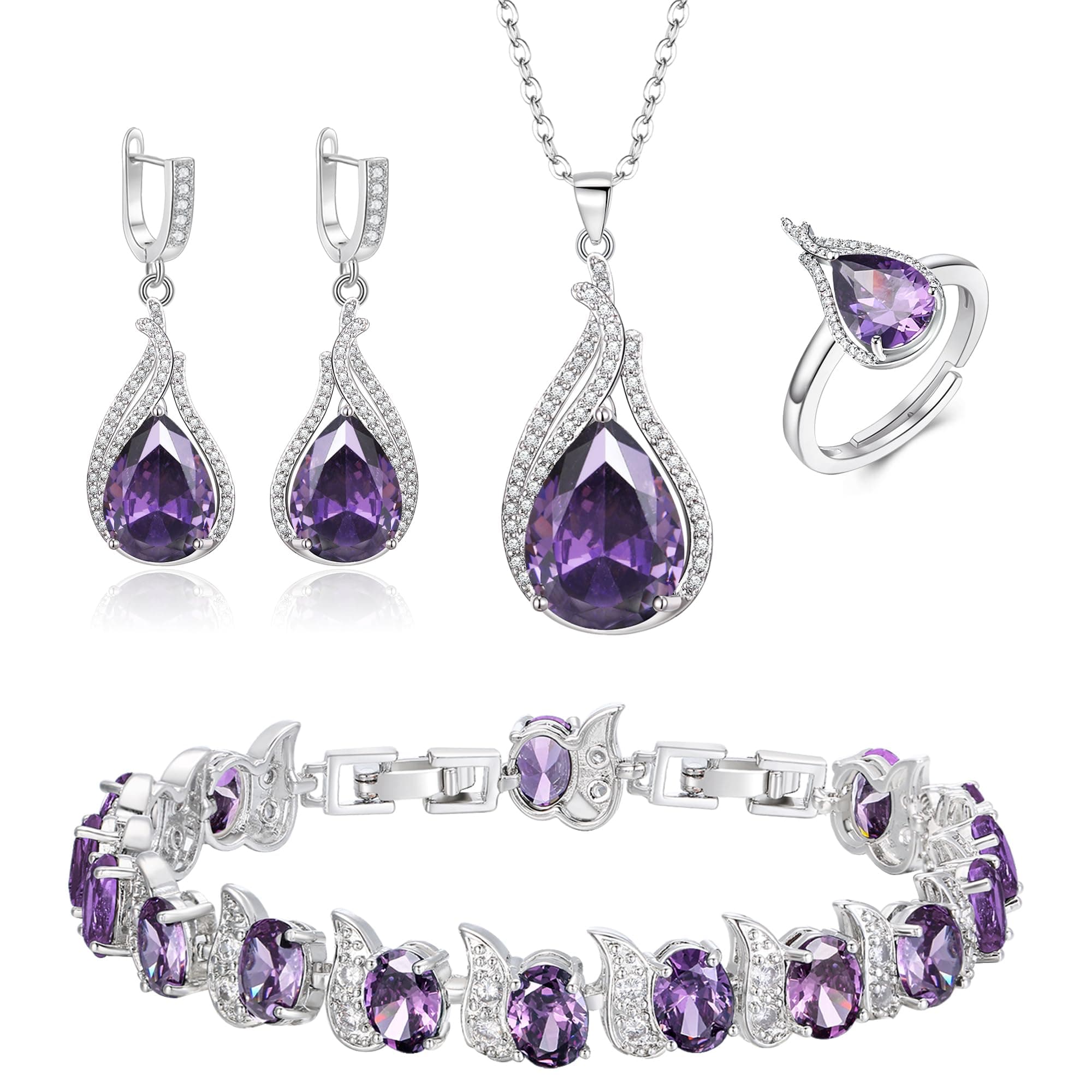 BriLove Jewelry Set for Bride, Sparkling Water Drop Cubic Zirconia Crystal Pendant Necklace Leverback Earrings Tennis Bracelet Adjustable Ring Gift for Wedding/Birthday/Mother's Day/Christmas