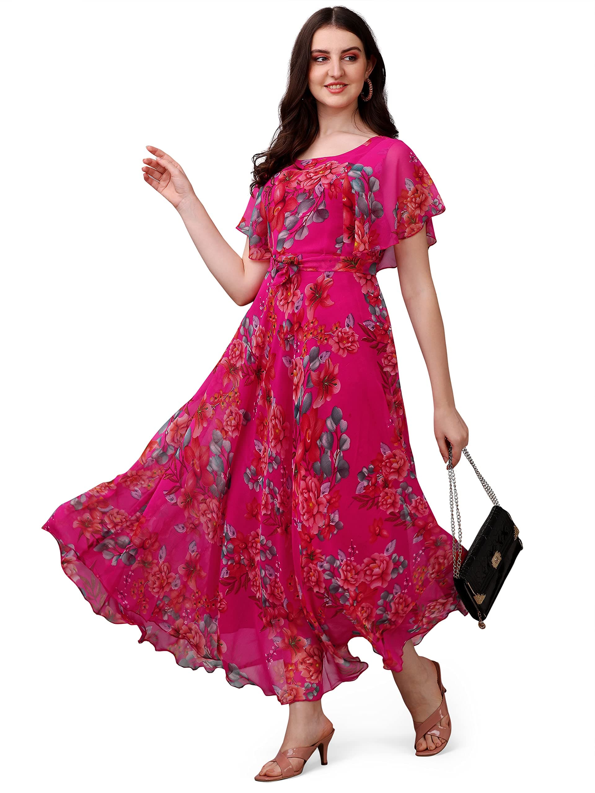 Women's Georgette Floral Digital Print Short Sleeve Full-Length Fit & Flare Long Gown Dress for Girls (ET-CYWN-E1LE)