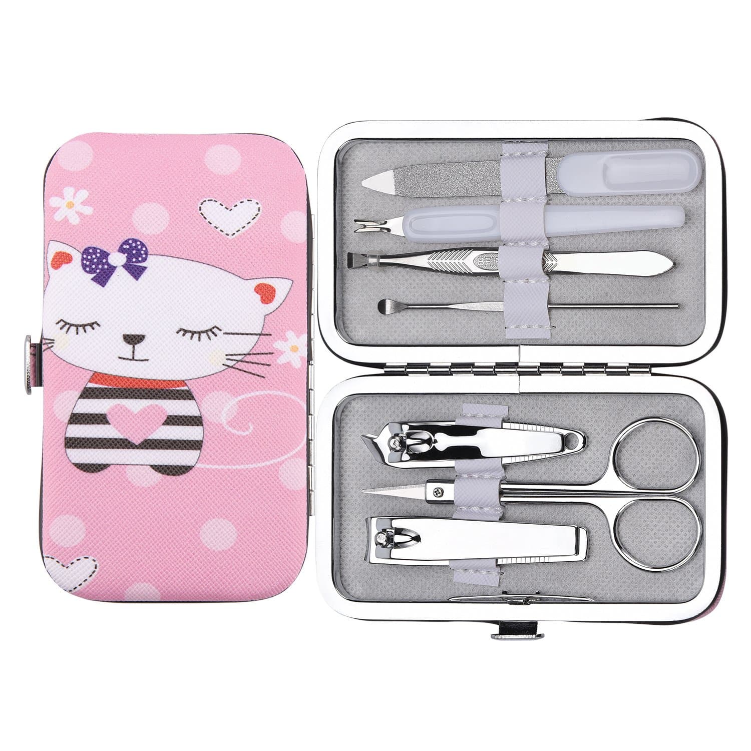 Childs Manicure Set, longmiao Nail Clippers Set Stainless Steel Personal Manicure & Pedicure Grooming Kit 7 in 1 (Cat)
