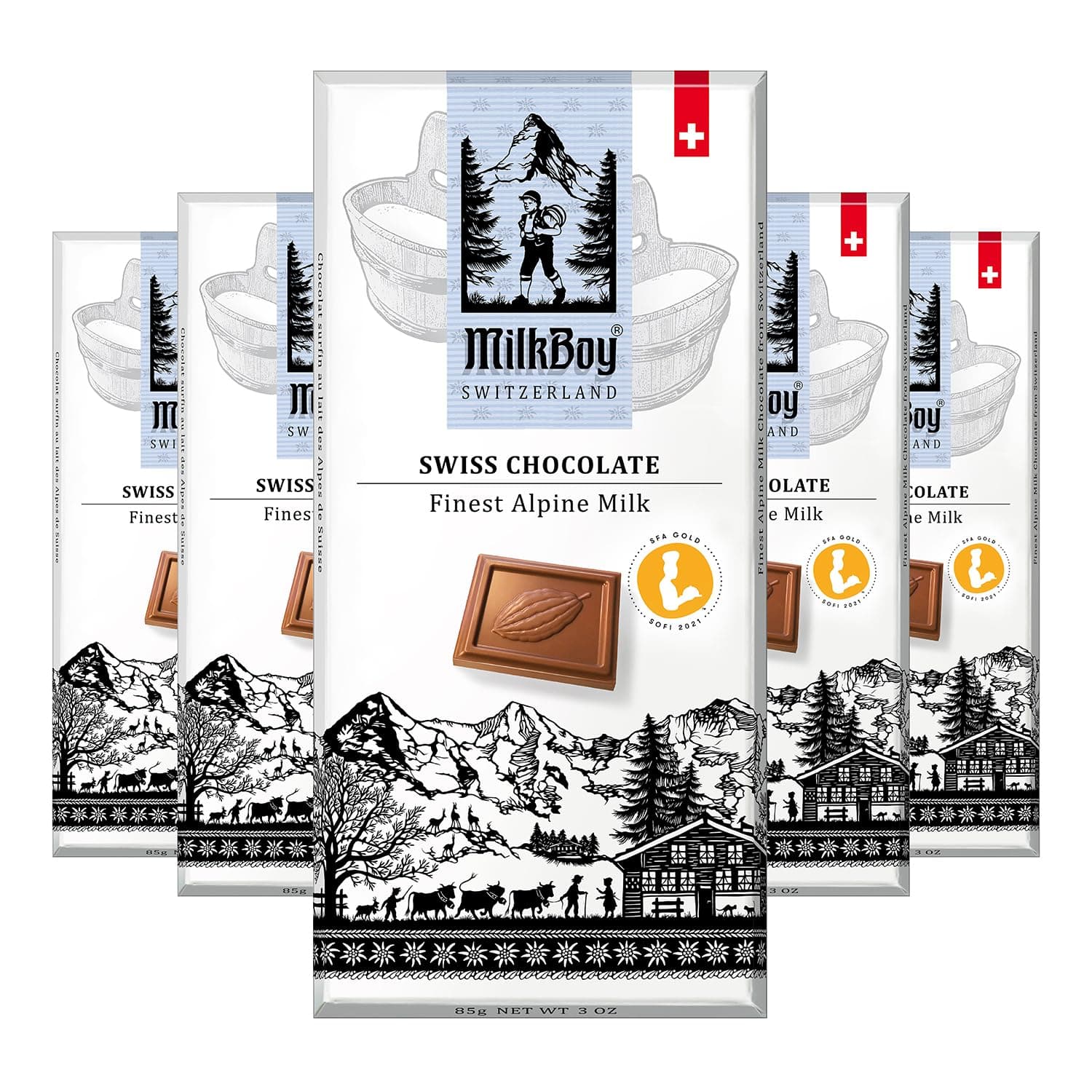 Chocolate Bars - Premium Swiss Alpine Milk Chocolate - Smooth European Milk Chocolates Gift - Sustainably Farmed Cocoa - Gluten Free - 3 oz, Pack 5