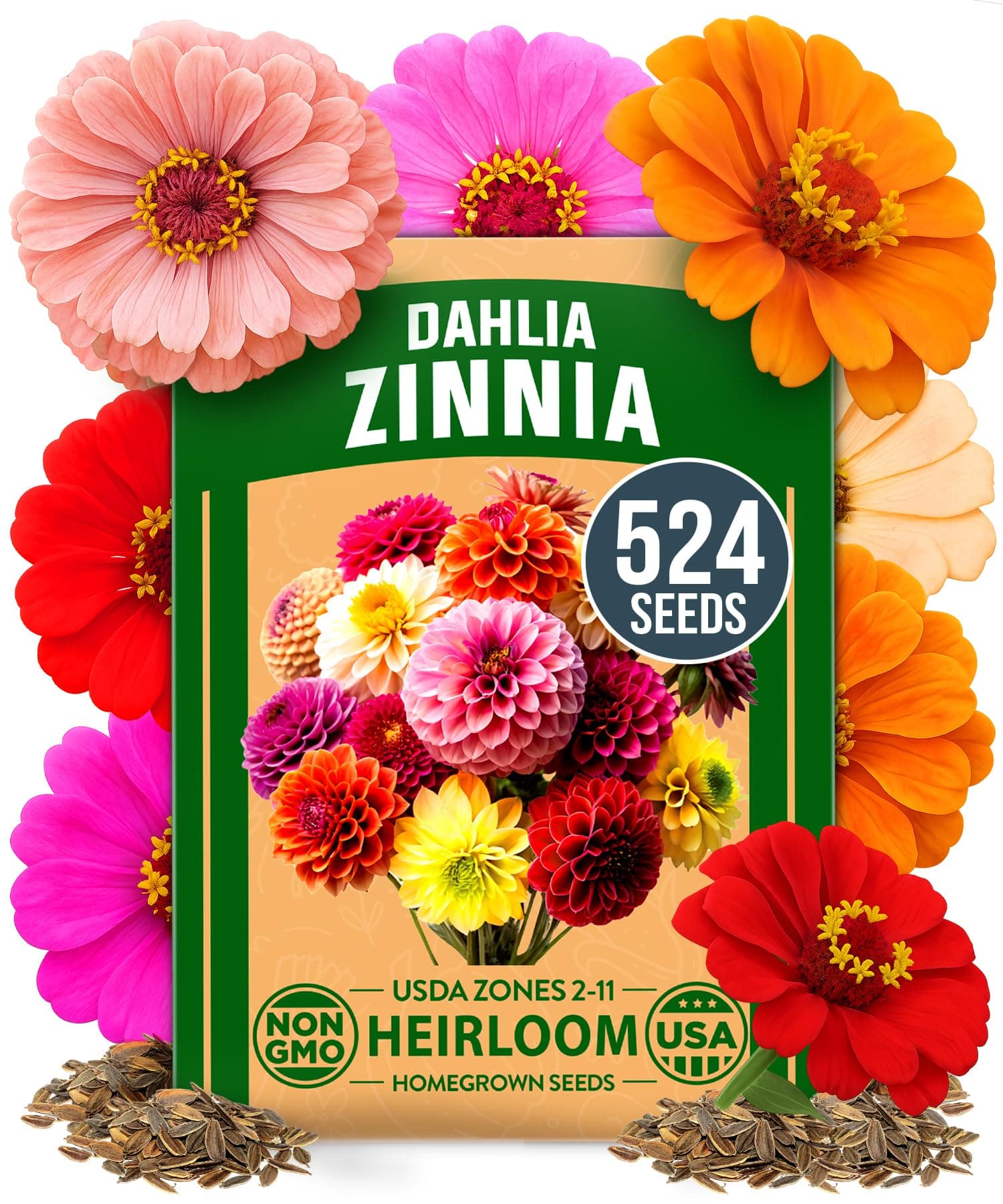 Zinnia Dahlia Seeds Pack for 2026 Non GMO 524 Flower Seeds | Vibrant Zinnia Elegans for Pollinator Gardens, Borders & Containers | Easy-to-Grow Outdoor Blooms