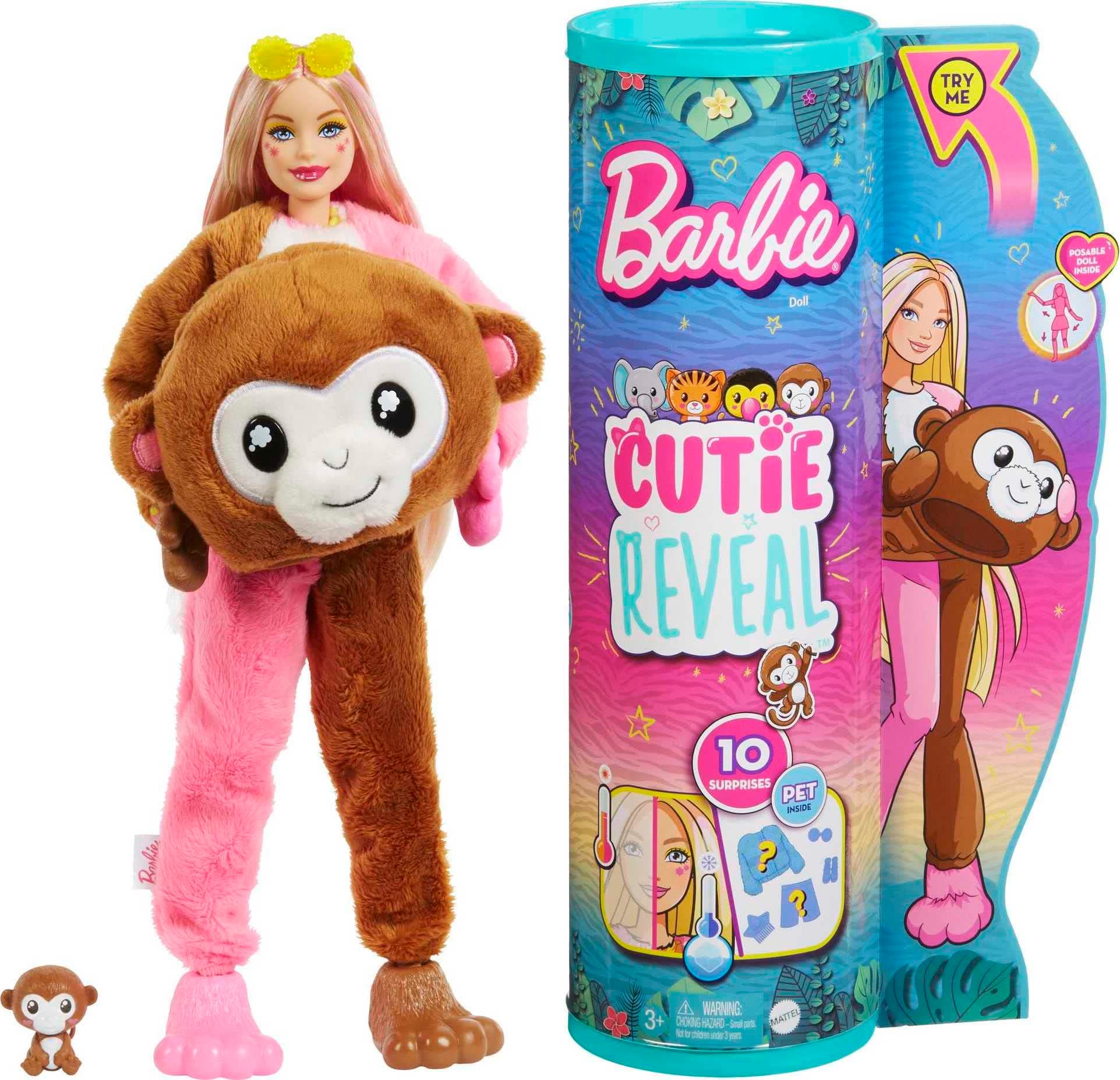 Cutie Reveal Fashion Doll, Jungle Series Monkey Plush Costume, 10 Surprises Including Mini Pet & Color Change