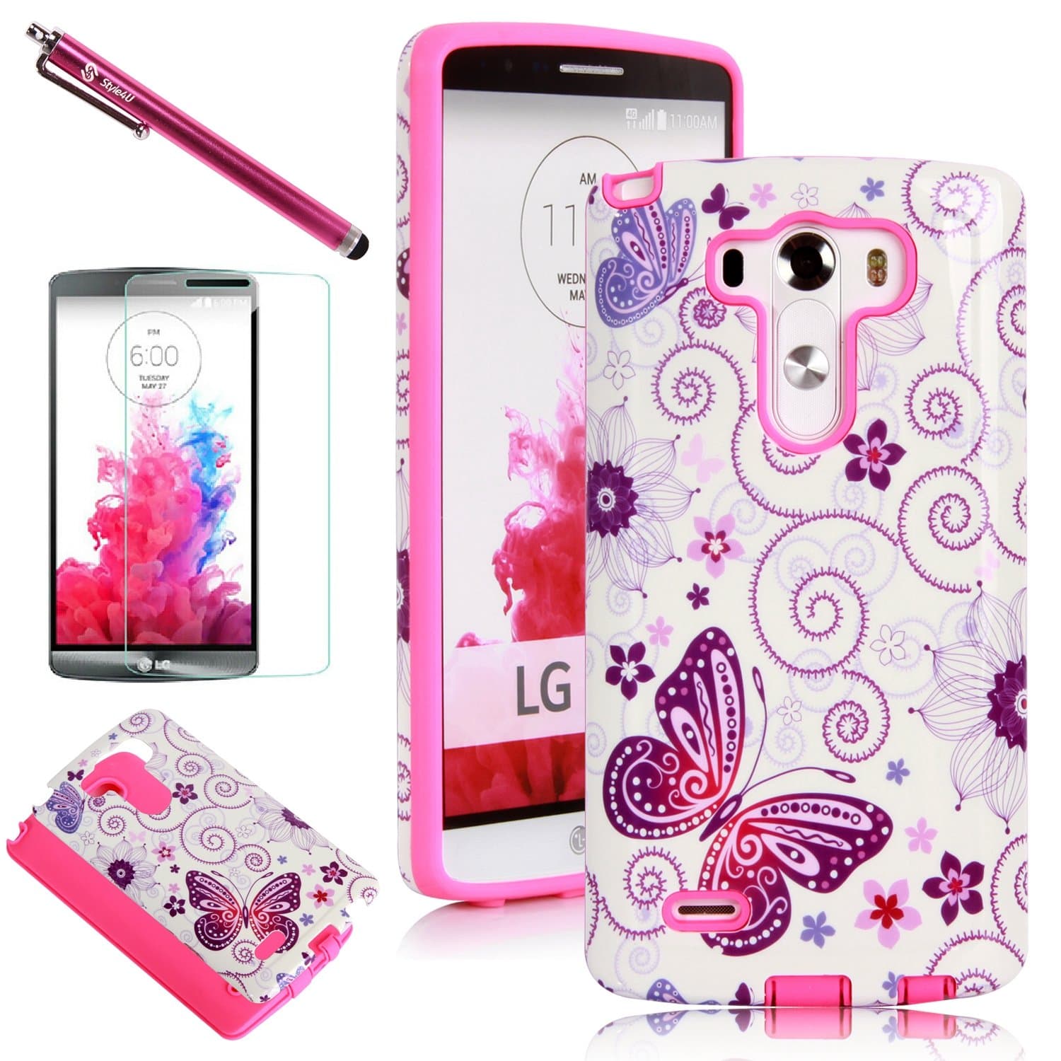 Style4U LG G3 Case, LG G3 Butterfly Case Slim Fit Dual Layer Hybrid Armor Protective Case Cover for LG G3 with 1 Stylus [Hot Pink]