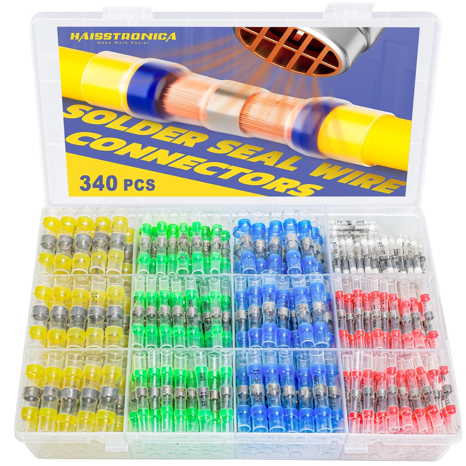 haisstronica 340PCS Solder Seal Electric Connectors, Marine Grade Heat Shrink Wire Connectors-Butt Splice Wire Terminals for Marine, Electrical with Corrosion and Weatherproof (5Colors/5Sizes)