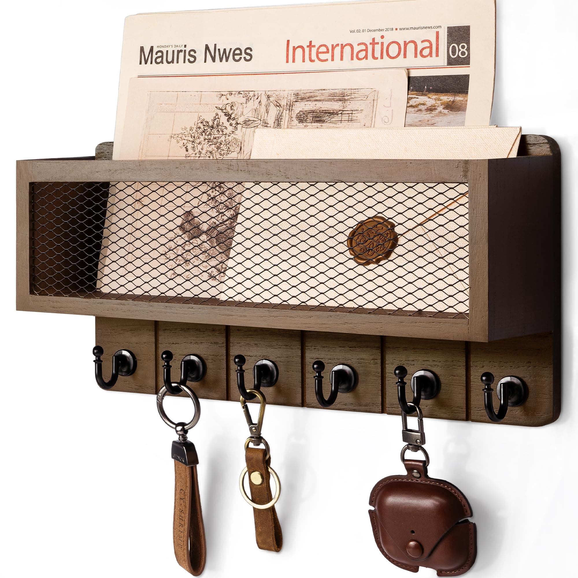 Rebee Vision Farmhouse Key Holder for Wall with Mail Storage Basket : Decorative Wall Mount Organizer with 6 Sturdy Wall Hooks and Wooden Key Rack - Rustic Home Decor (Retro Brown)