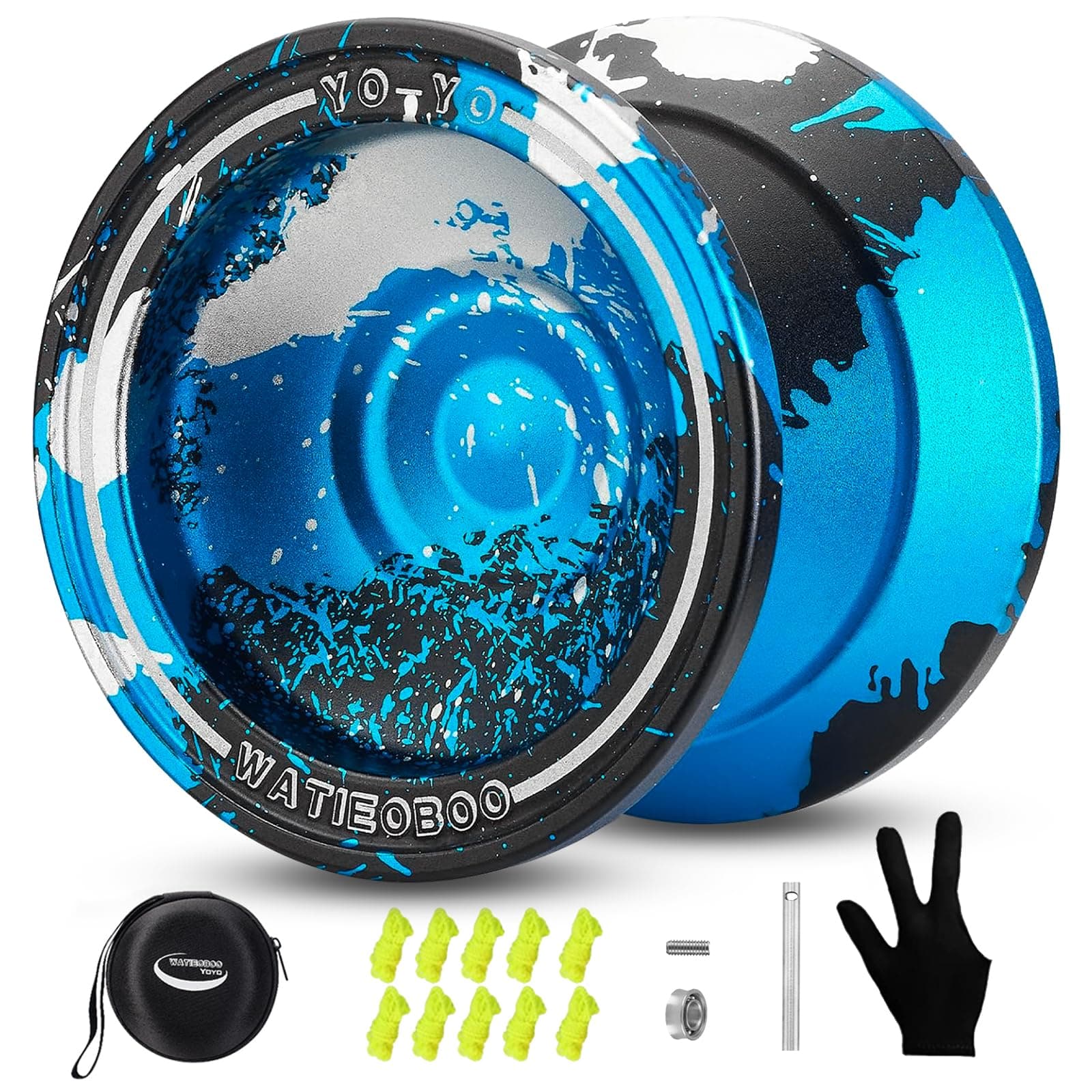 WATIEOBOO M18 Responsive & Unresponsive Yoyo - Kids 8-12 & Adults Pro Metal Trick Yoyo with Bearing Kit, 10 Strings, Case & Gloves (Blue, Silver, Black)