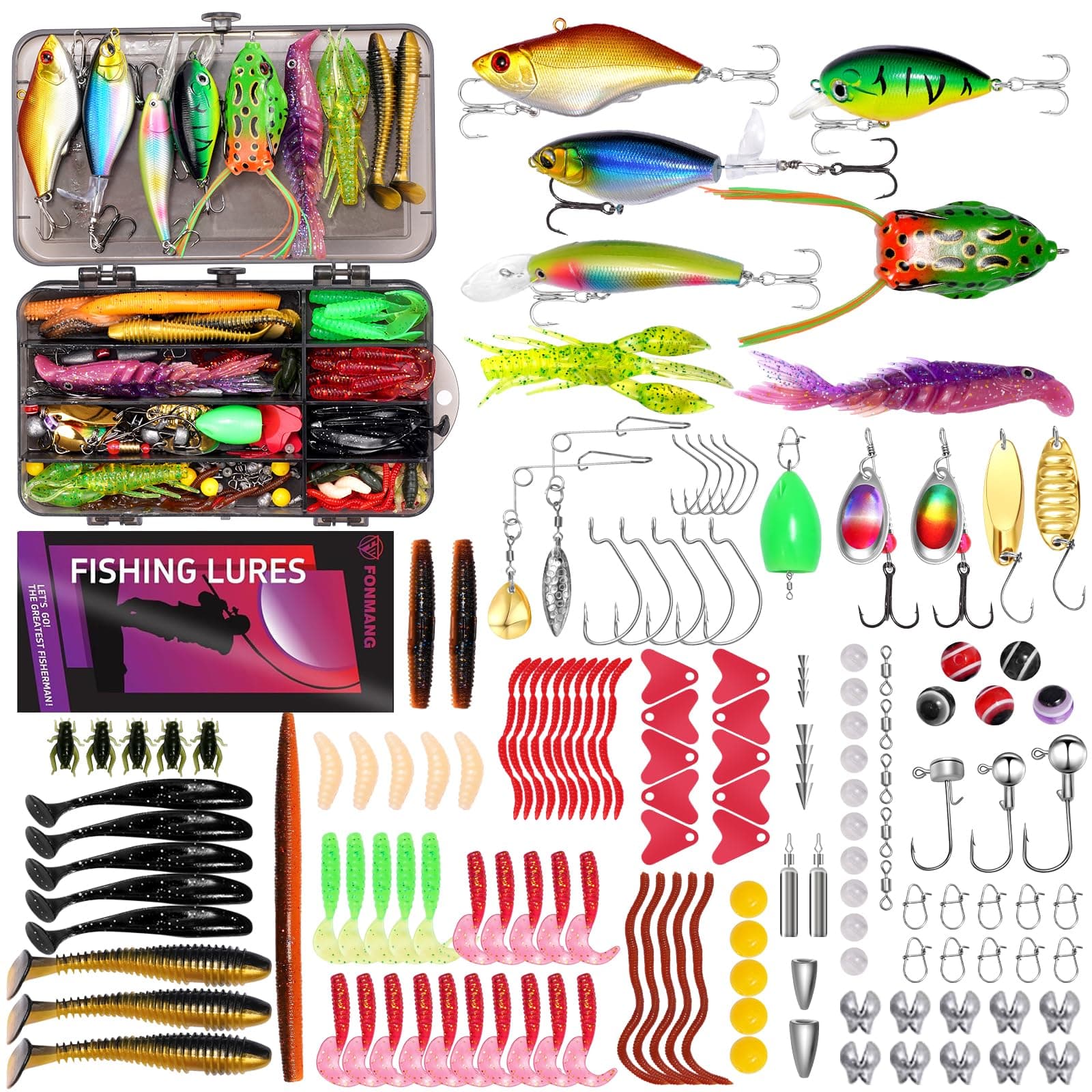 Fishing Lures - Tackle Box with Tackle Included, Fishing Kit with VIBs, Frogs, Minnows, Soft Baits, Hooks & Weights Accessories, Freshwater Lure Kit for Bass Walleye Trout