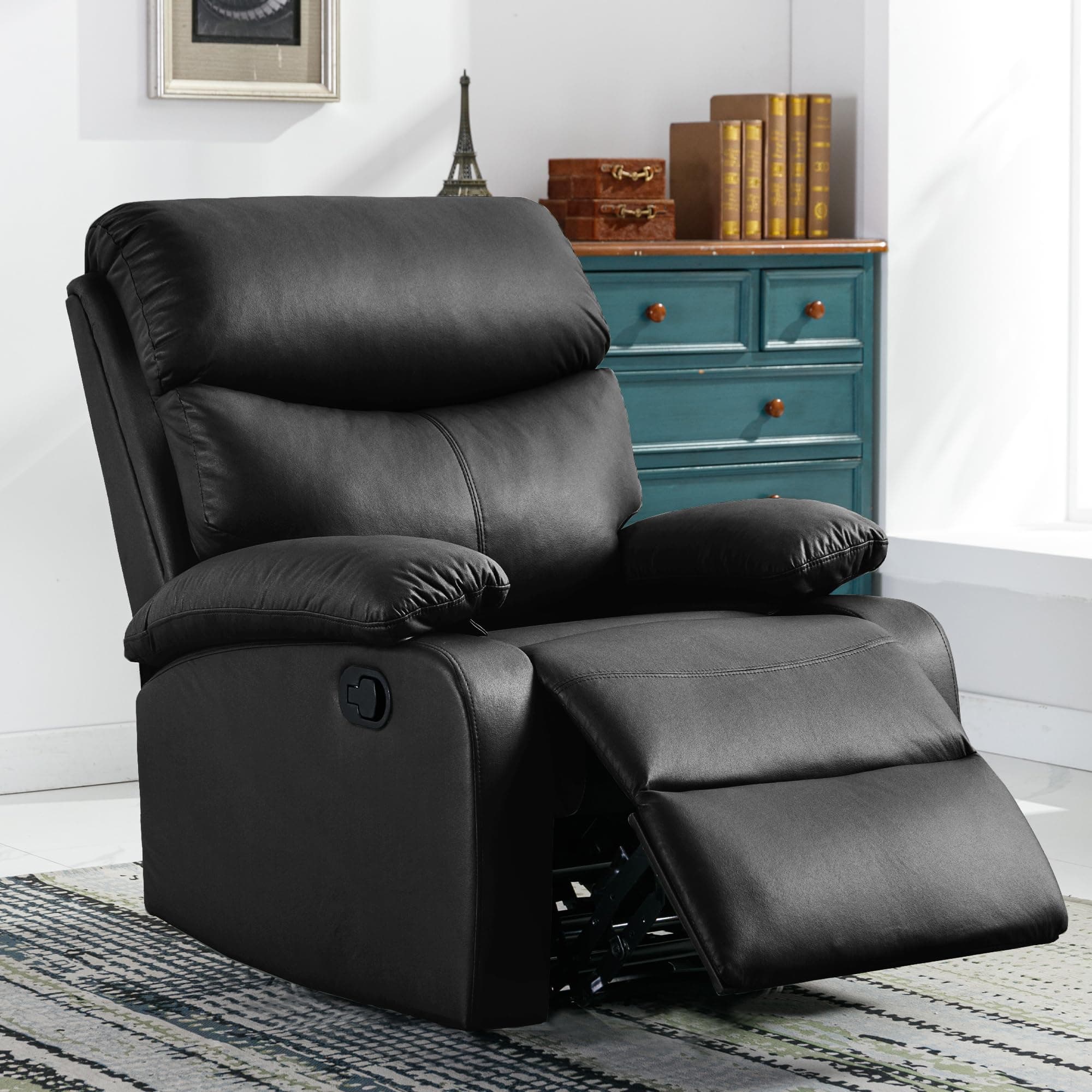 Recliner Chair, Lazy Boy Single Sofa Recliner Chairs for Adults, Manual Reclining Chair with Waterproof PU Leather, Easy to Operate- Black