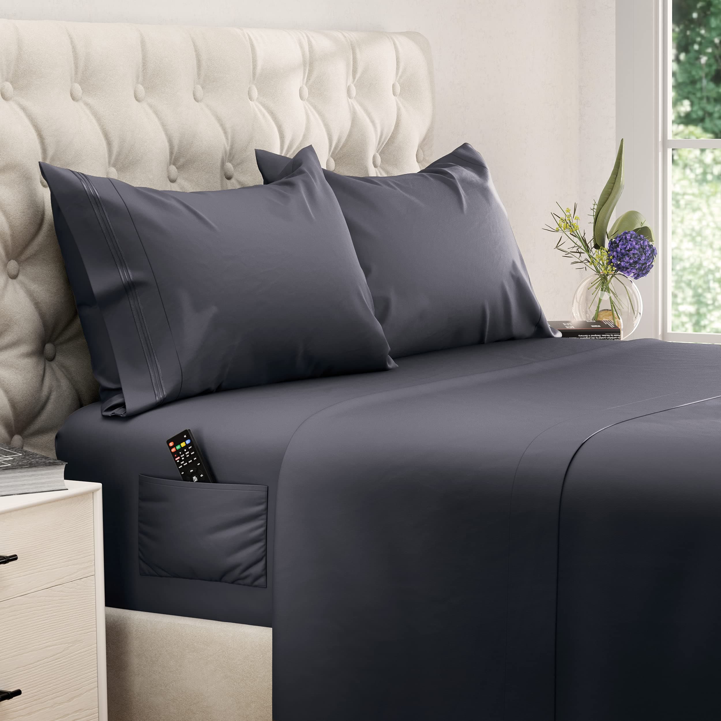 DREAMCAREFull Size Sheets - Cooling Bed Sheets - 4pcs Set - up to 15" Deep Pocket Full Sheet Set - Sheets Full Size Bed - Soft & Long Lasting 100% Fine Brushed Polyester with Side Pocket - Dark Gray