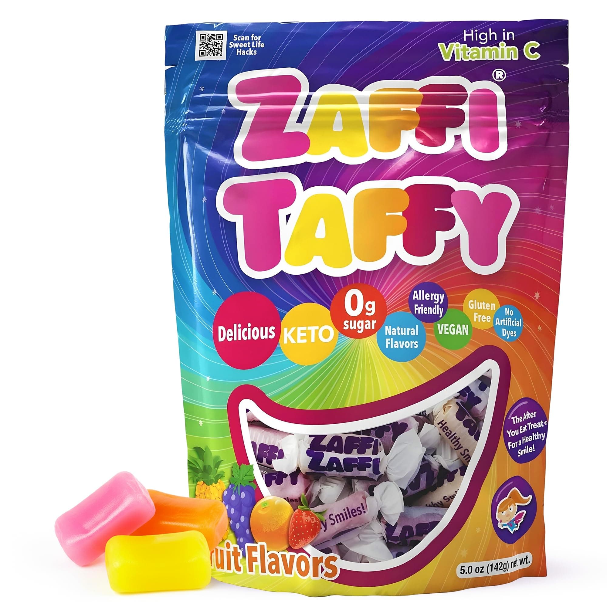 Zaffi Taffy Sugar Free Candy - Dye Free, Keto & Diabetic-Friendly, Dentist-Approved Treats for Kids (Natural Fruit Flavor, 5 oz)