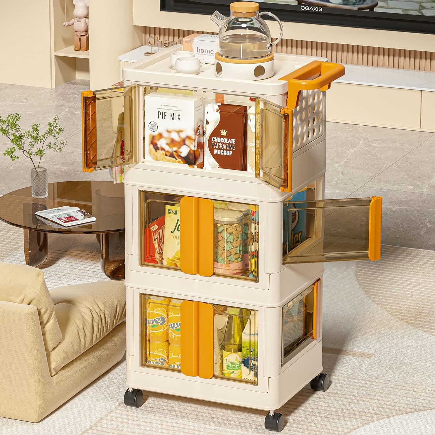 Rolling Cart- 3 Tier Rolling Storage Cart with Drawers,Trolley Cart with Wheels,Foldable Cute Snack Cart,31Qt/Tier Rolling Cart Organizer,Small Rolling Cart for Office,Living Room,Kitchen