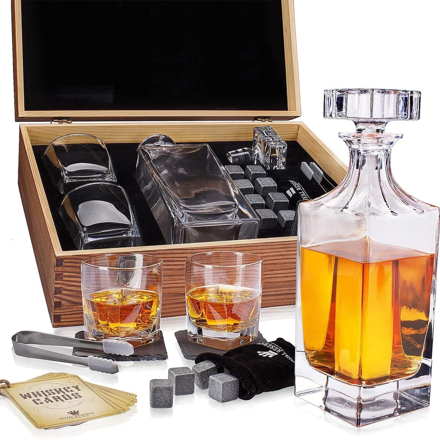 Whiskey Decanter Gift Set by Royal Reserve – Liquor Bourbon Decanter 24 oz 750 ml with Glasses, Chilling Stones, Coasters and Tong – Whiskey Gifts for Men, Husband, Dad, Boyfriend