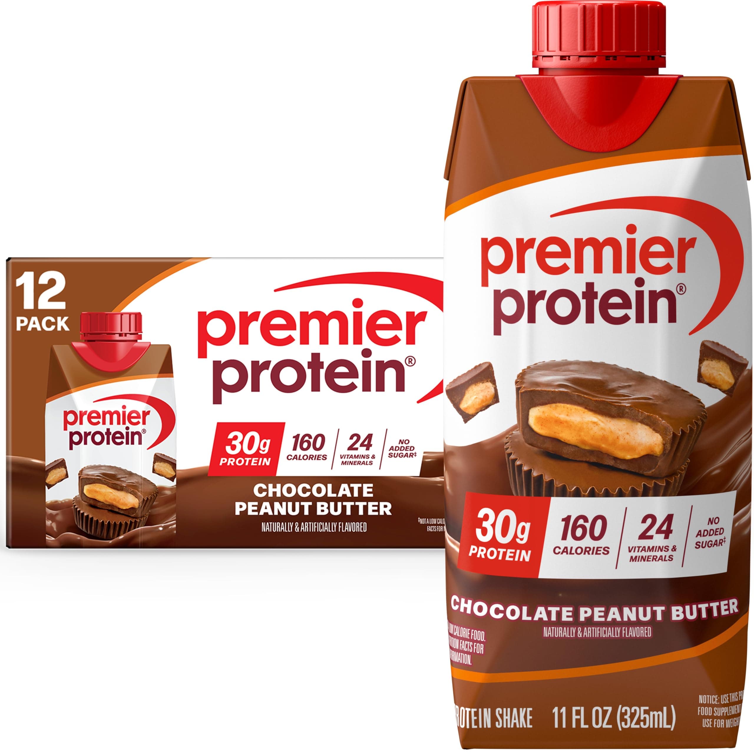Premier Protein Protein Shake, Chocolate Peanut Butter, 30 g Protein, 1 g Sugar, 325.3 ml, Pack of 12