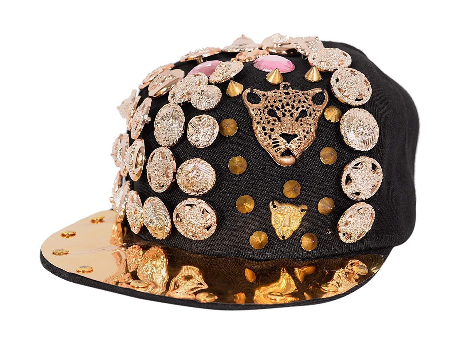 MalvinaMen's napback Hat, Adjustable Size Spike Rivet Spiky Studs Buttons Baseball Caps Flat Brim Hats Gold