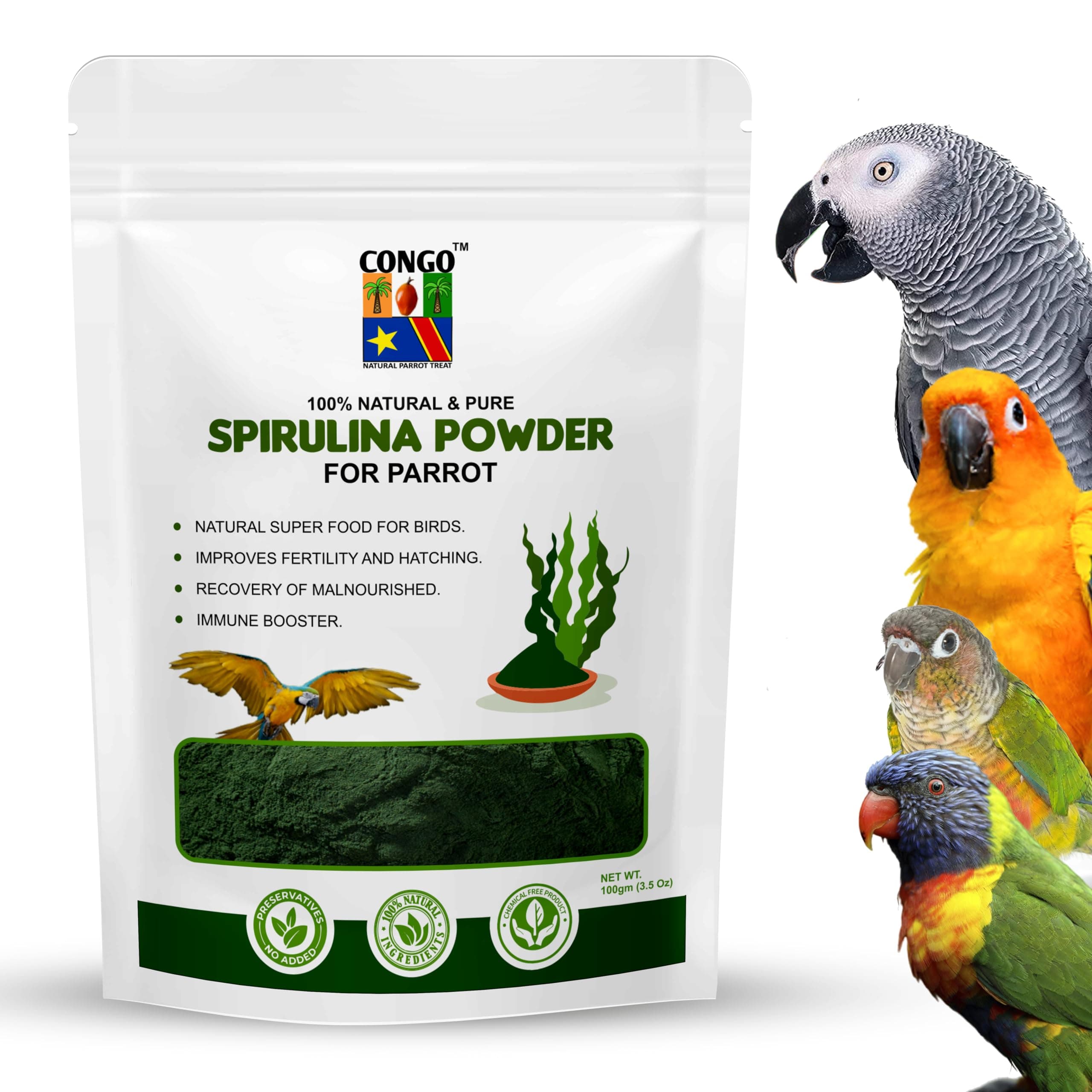 Congo® 100gm Spirulina Powder for Healthy Health & Feather for Budgies, Lovebirds, Cockatiels, Conure, Senegal, Amazon, African Grey, Macaw, Cockatoo and Other Birds, 100gm
