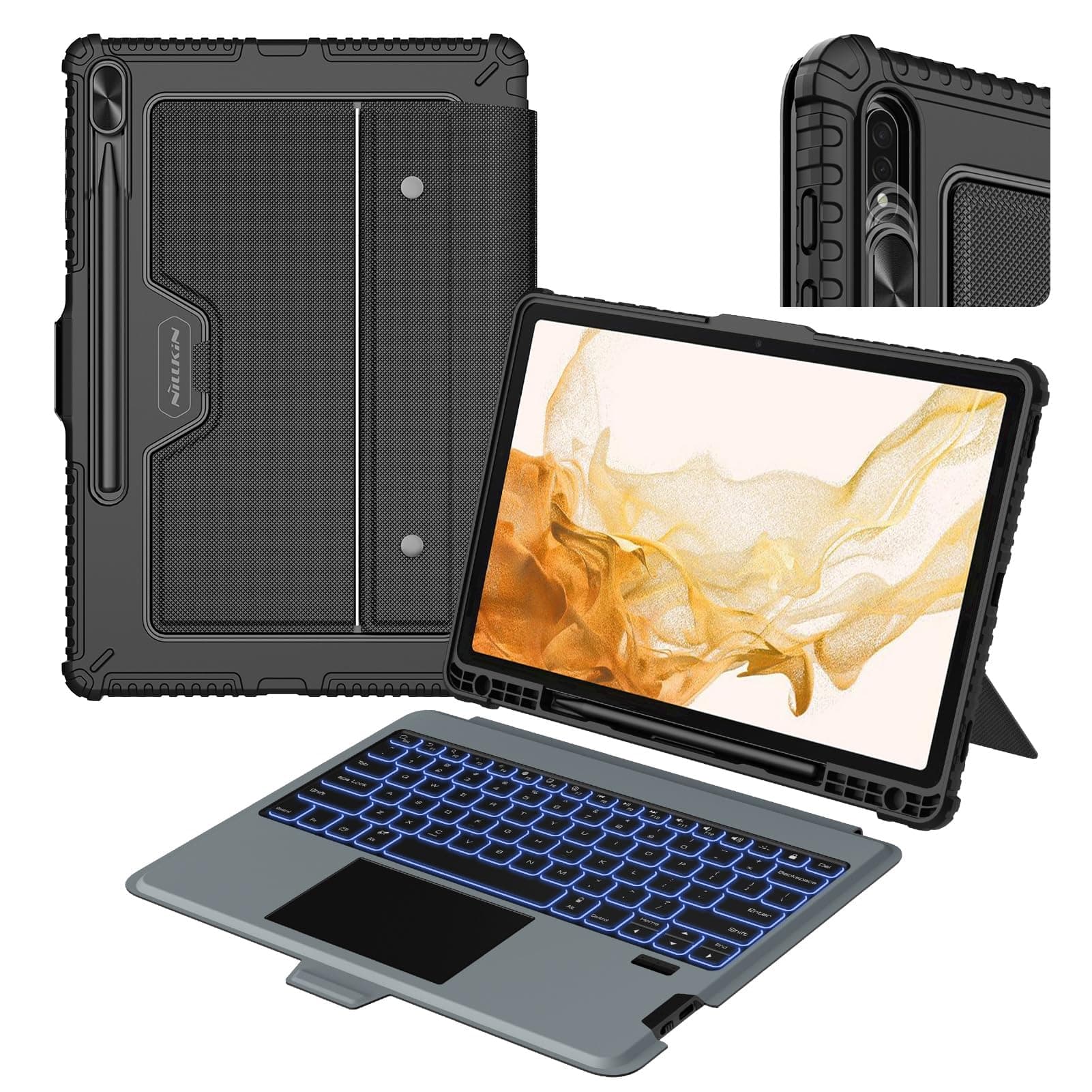 Nillkin for Samsung Galaxy S7 FE/ S7+ Plus/ S8+ Plus 12.4 Inch Keyboard Case,7 Backlight Colors, Magic Trackpad,S Pen Holder,Slide Camera Cover Compatible with Galaxy S8 Plus Tablet Case with Keyboard