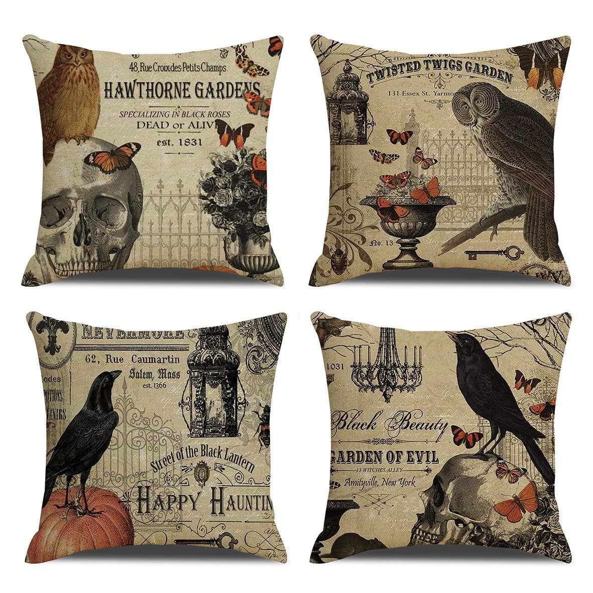 RUOAR Pack of 4 Vintage Halloween Throw Pillow Covers for Owl/Crow/Pumpkin/Skull Throw Pillow Covers Halloween Cushion Covers 18 x 18 inch