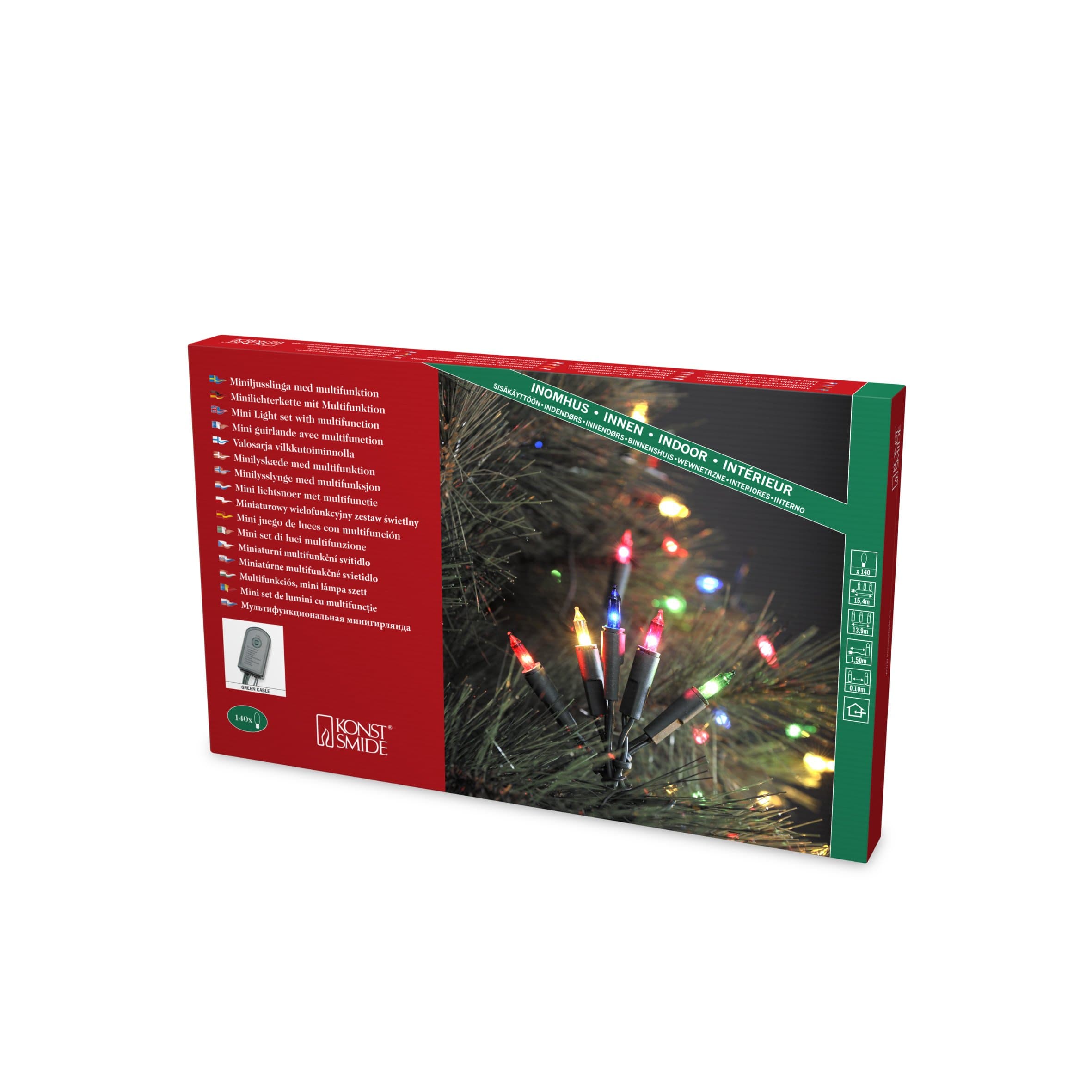 Konstsmide Christmas Lights / Multi Traditional Fairy Light Set On Green Cable / Indoor Use Lights (IP20) / Multifunction Controller Including Static / 140 Multi Coloured Christmas Lights, 1124-500EE