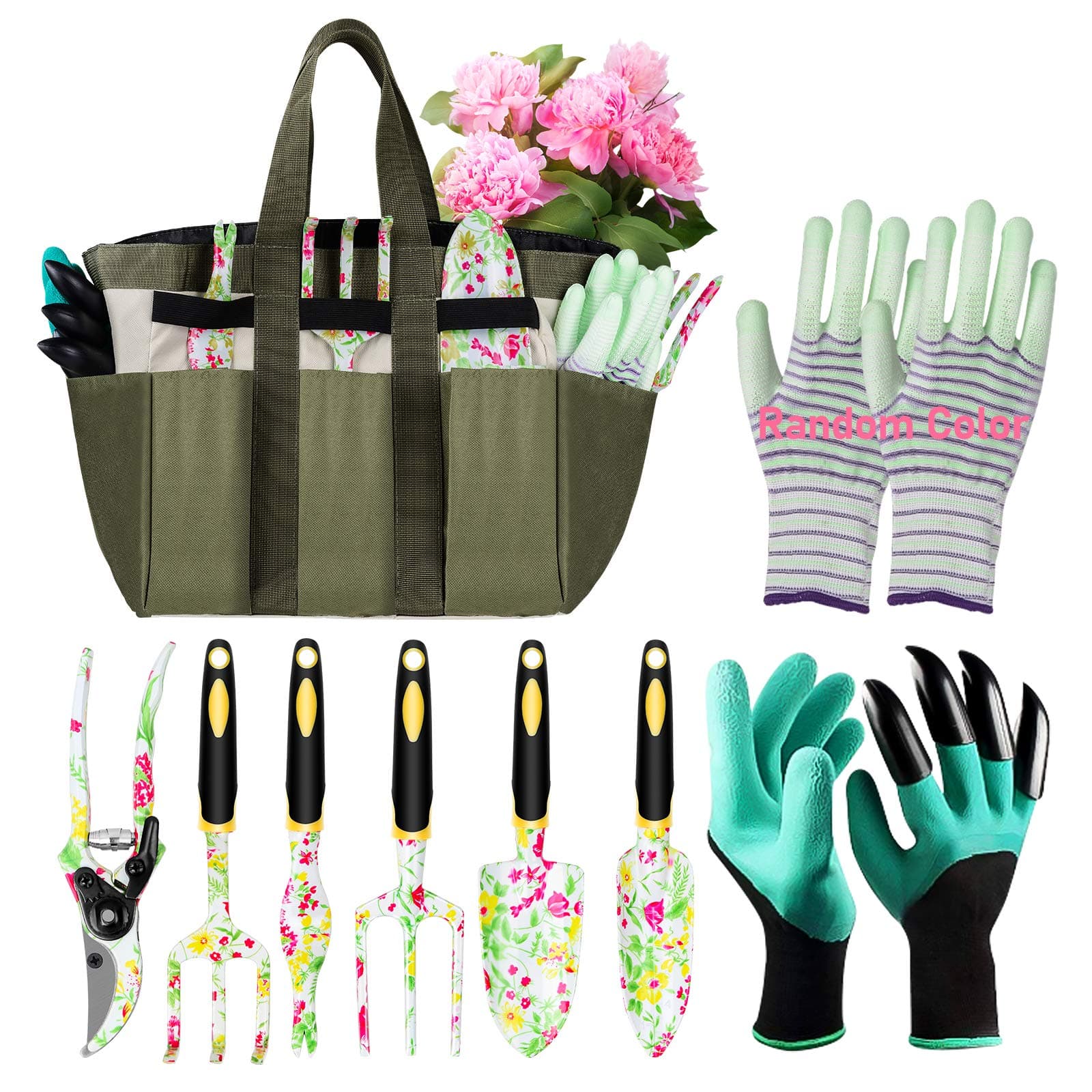 Eslibai Garden Tools Set, 9 Gardening Tools with Soft Garden Gloves and Beautiful Garden Tote Fairy Gardening Gifts Set with Garden Trowel and More