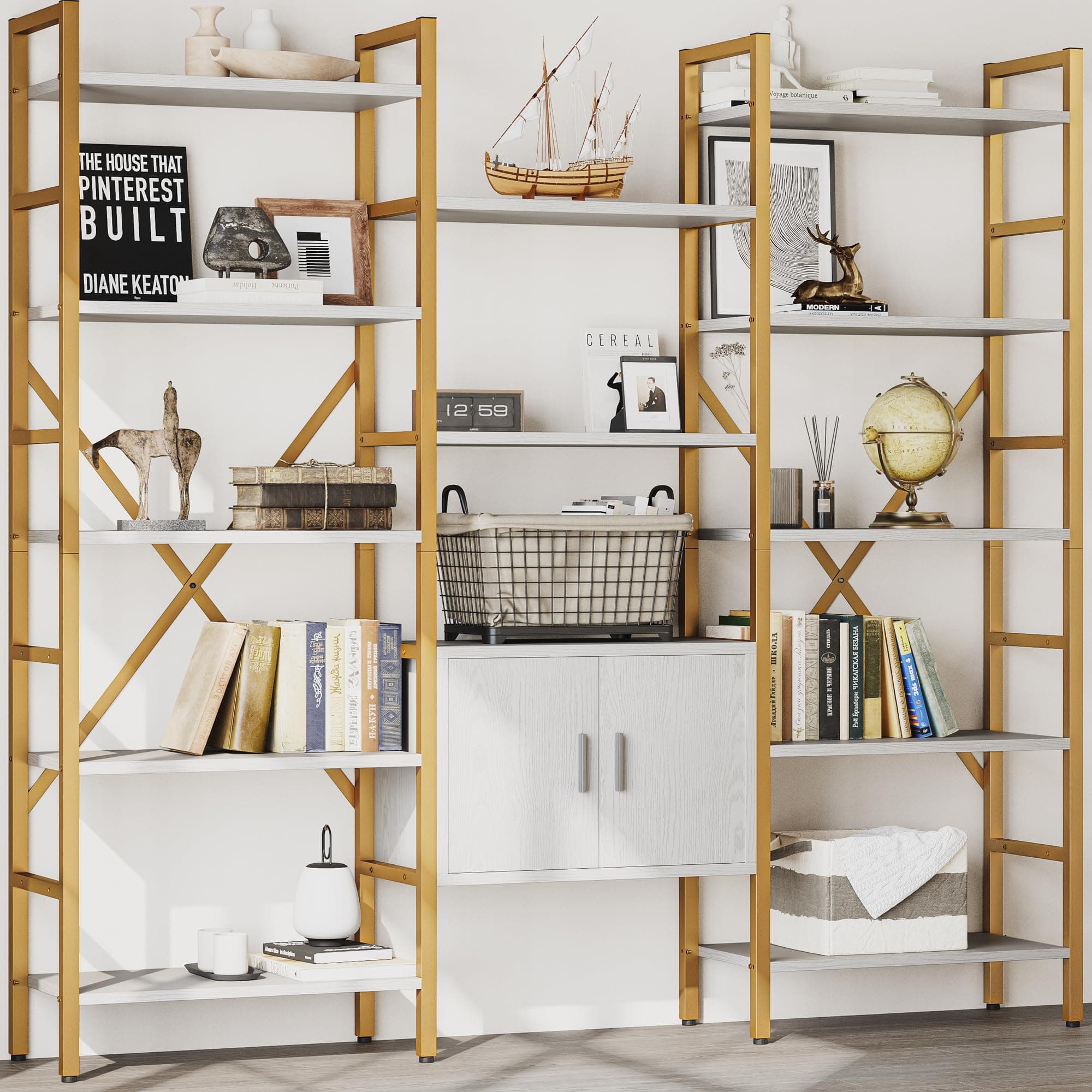 Triple 5 Tier Bookshelf, Industrial Large Bookcase with Storage Cabinet, Tall Gold Bookshelf with 14 Open Display Shelves Metal Frame Furniture for Living Room Bedroom Home Office Gold & White
