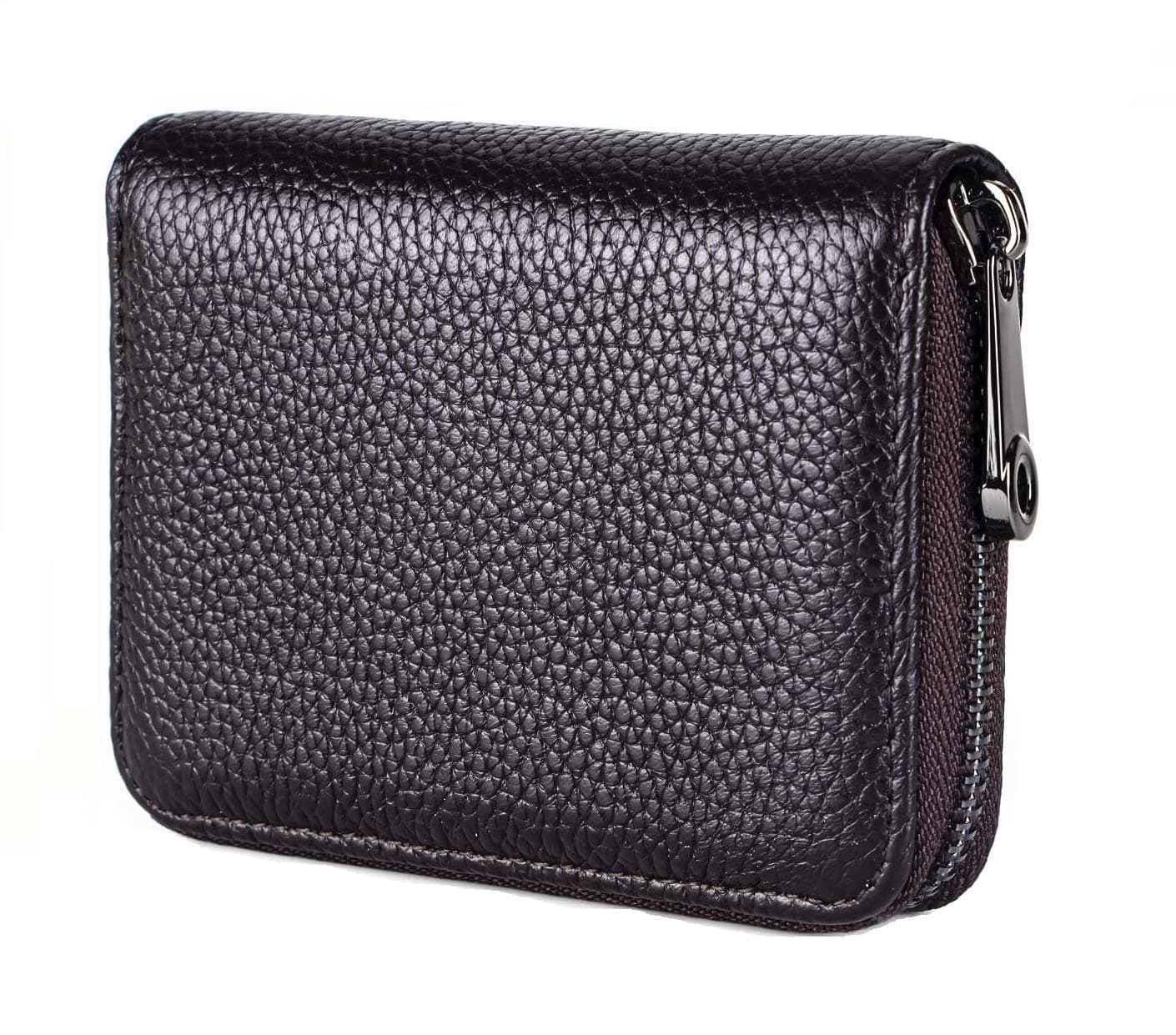 Genuine Leather Unisex Credit Card Holder Wallet Rfid Blocking Secure Card Case Id Case Organizer Zipper Wallet (Pop60-Brown-New)