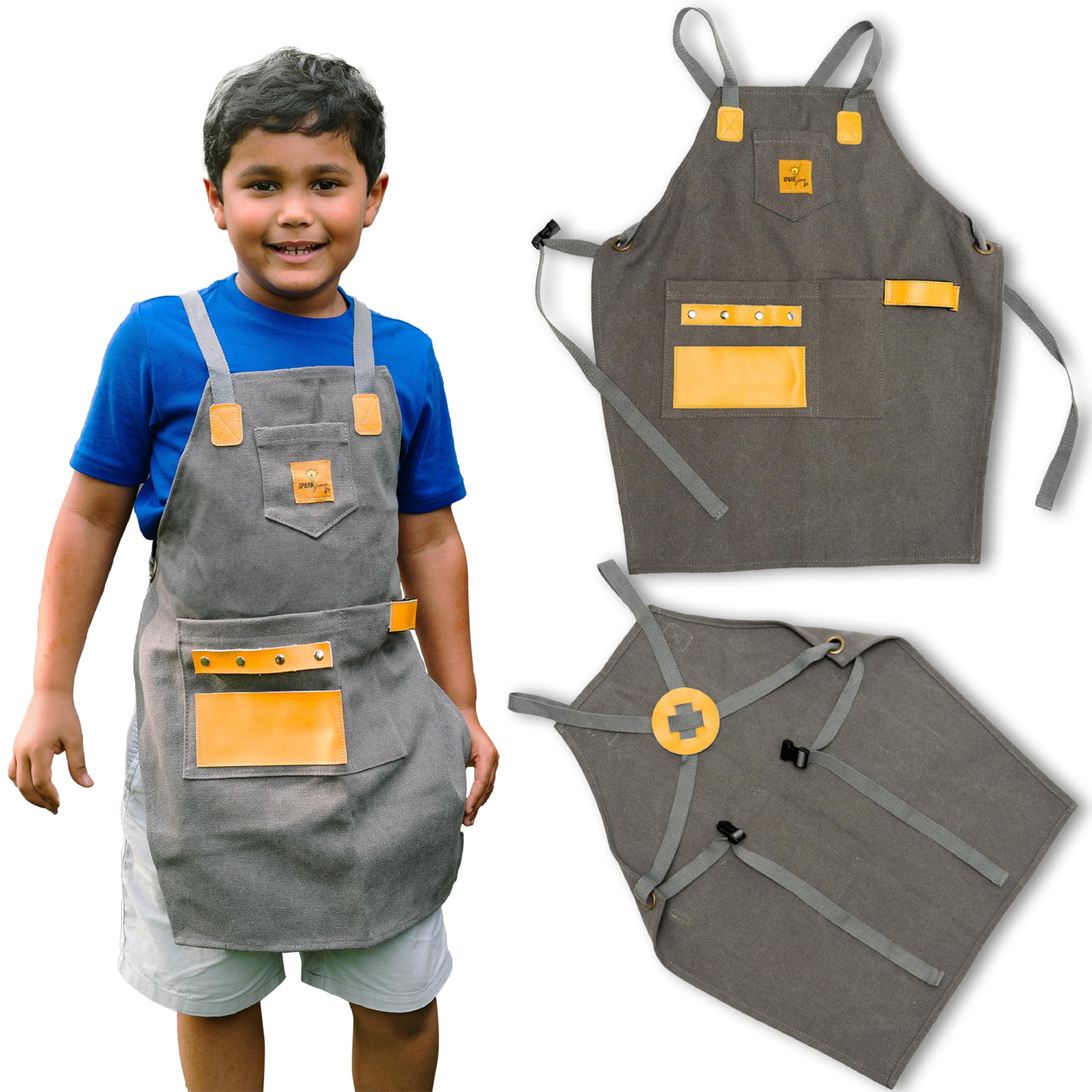Kids Aprons for Painting and Cooking - Durable Canvas Apron with Pockets and Leather Details - Kids Aprons for Girls and Boys - Adjustable Woodworking Apron for Kids for Art, and Cooking.