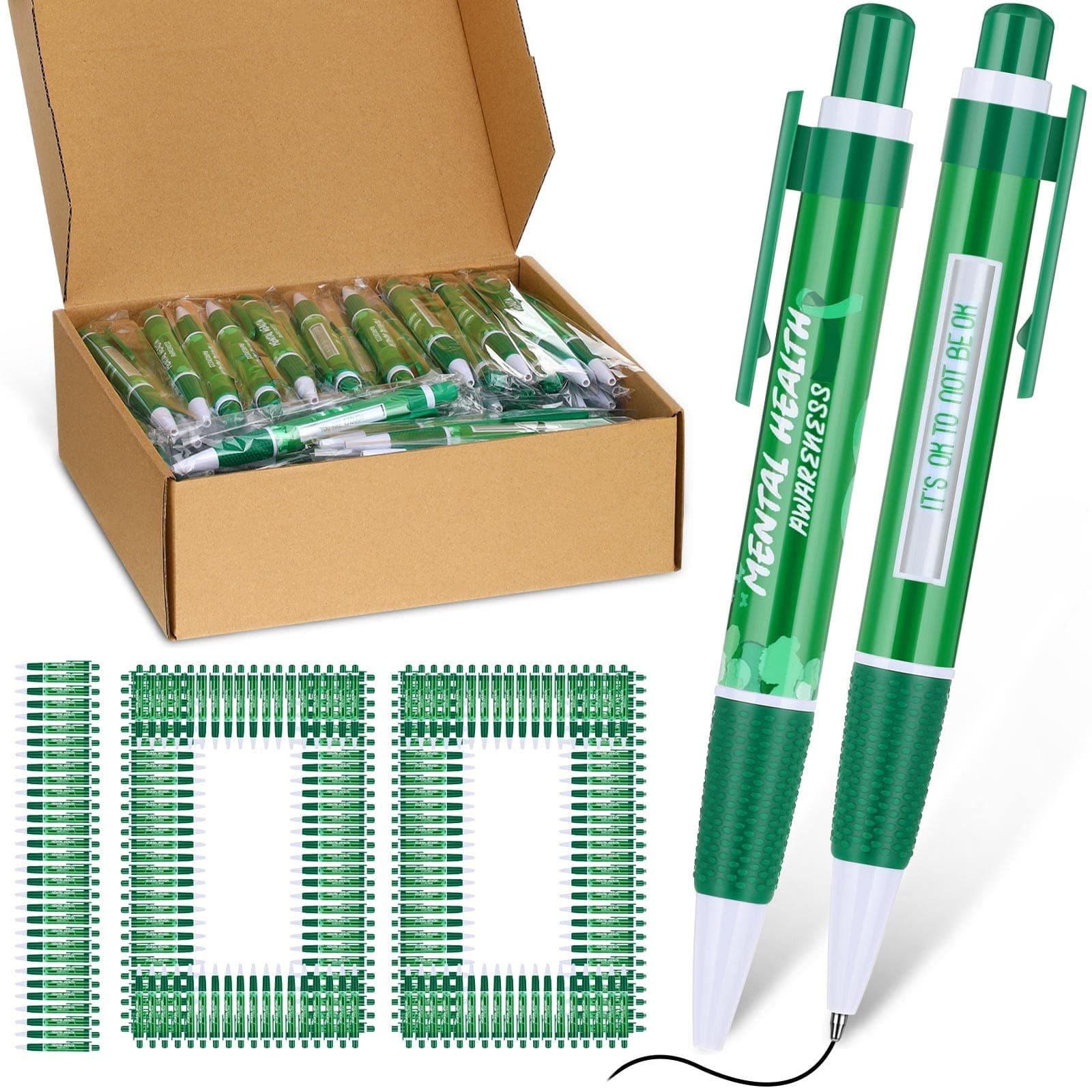 100 Pcs Mental Health Awareness Items Green Ribbon Message Pens World Mental Health Day Retractable Ballpoint Pen for School Nonprofit Organization Charity Classroom Supply Kid Gift 1.0 mm Black Ink