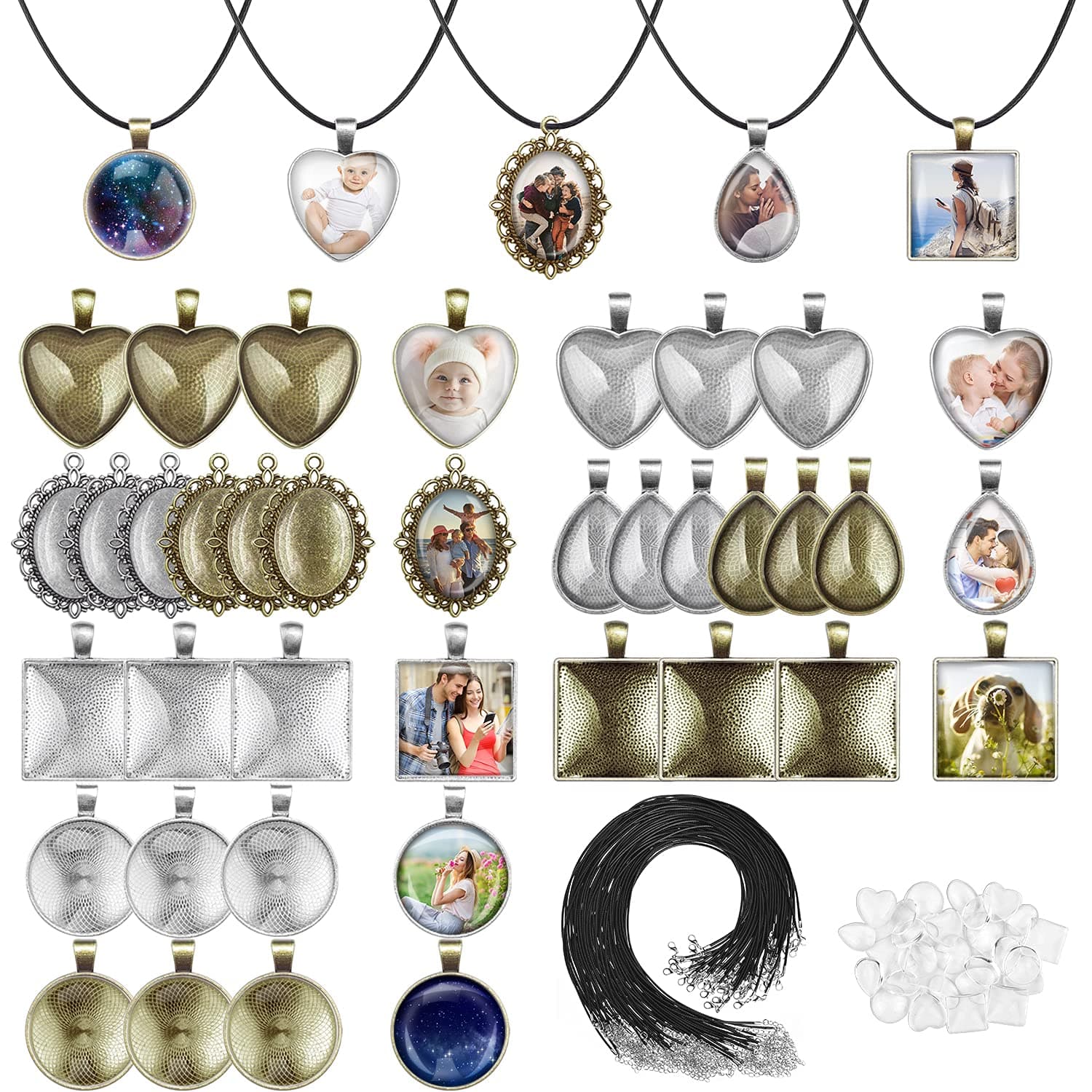 Anezus Pendant Trays Set with Glass Cabochons, 90pcs Including 30pc Bezel Pendants, 30 Glass Cabochons & 30 Necklace Cords