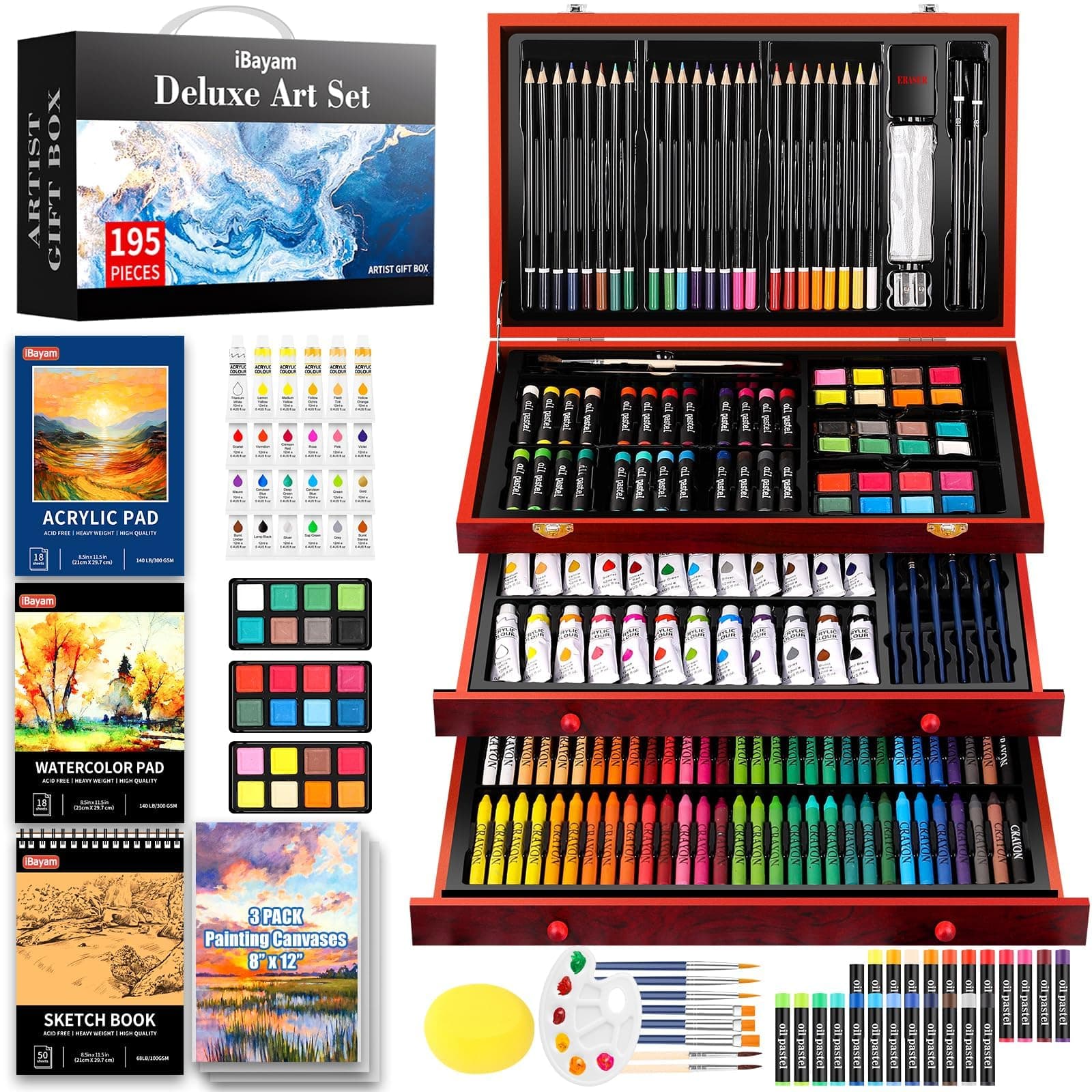 - iBayam Art Supplies, 195 Pack Art Set Drawing Kit for Adult, Arts and Crafts Painting Kit, Art Kits Paint Set with Acrylic Pad, Sketchbooks, Watercolor Pad, Canvases, Gift Box